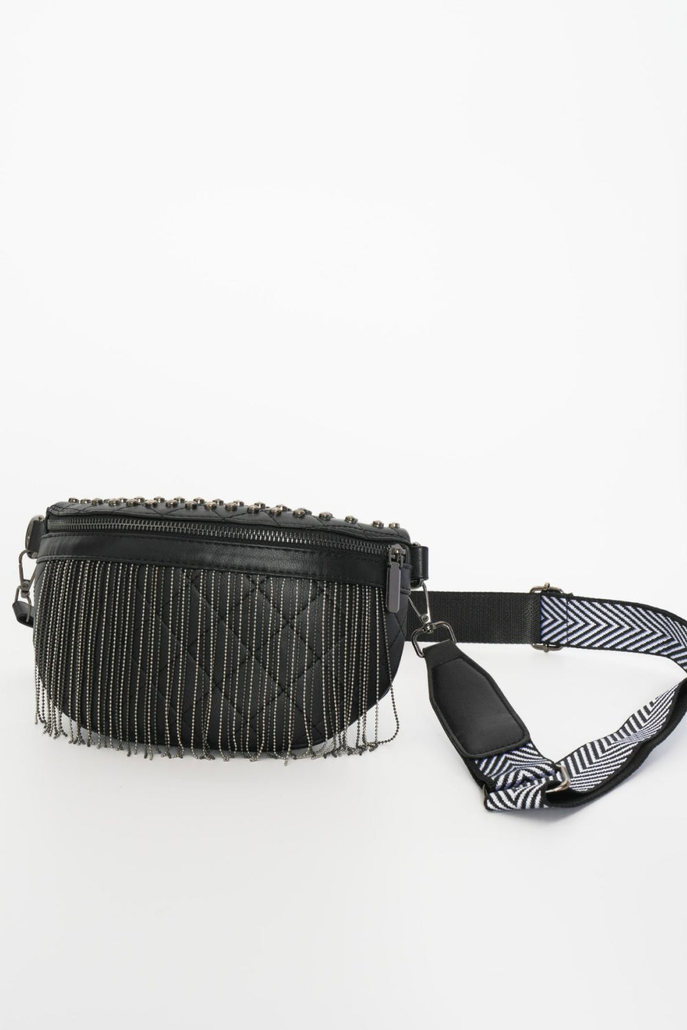 Faux Leather Studded Sling Bag with Fringes - Lecatta