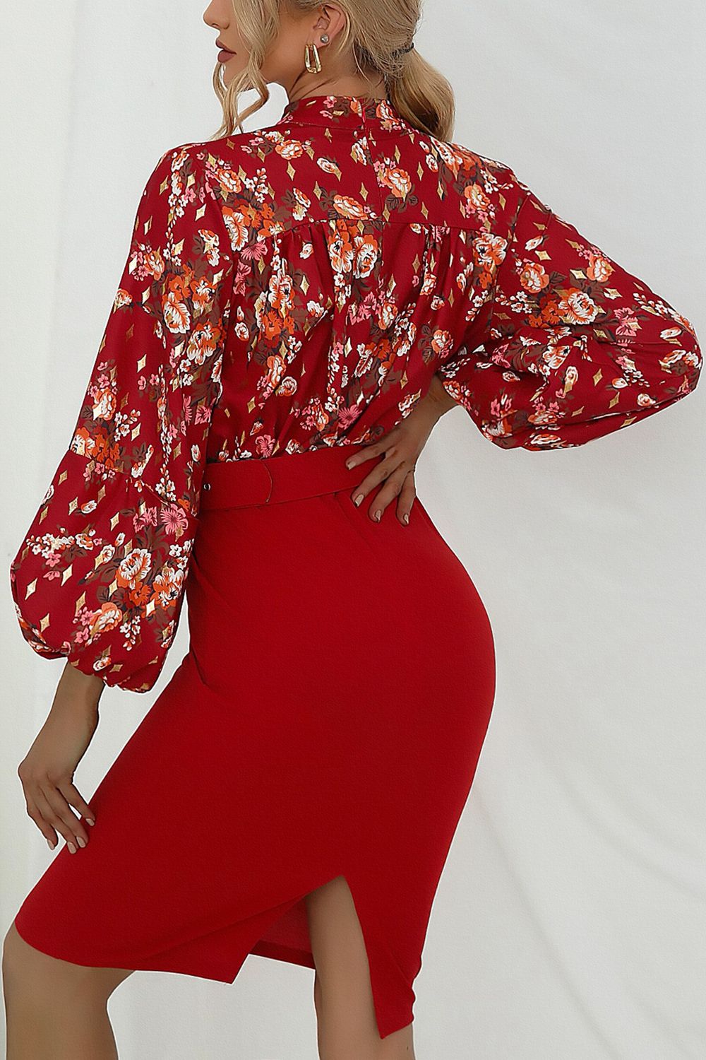 Floral Print Mock Neck Lantern Sleeve Dress - Lecatta