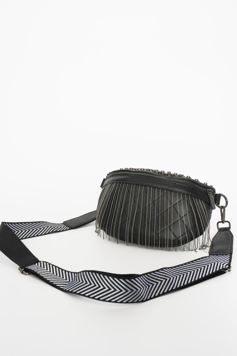 Faux Leather Studded Sling Bag with Fringes - Lecatta