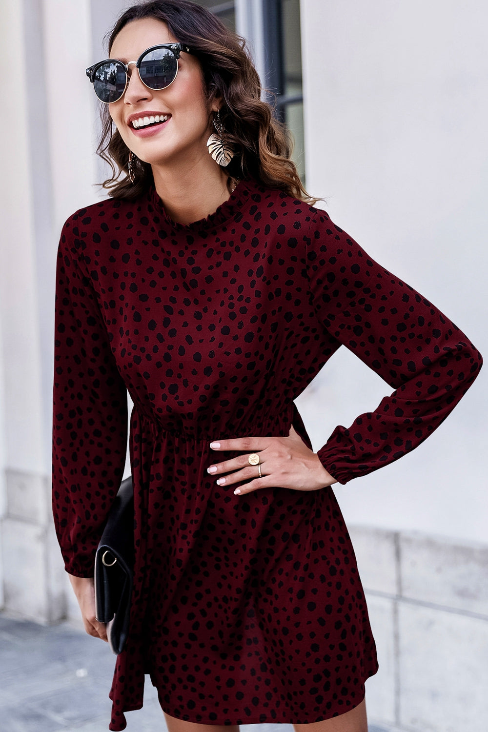 Printed Mock Neck Long Sleeve Midi Dress - Lecatta