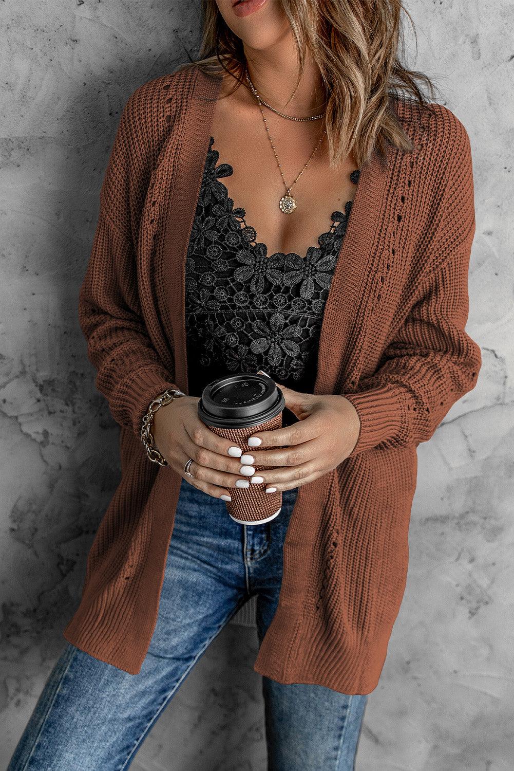 Openwork Rib-Knit Slit Cardigan - Lecatta