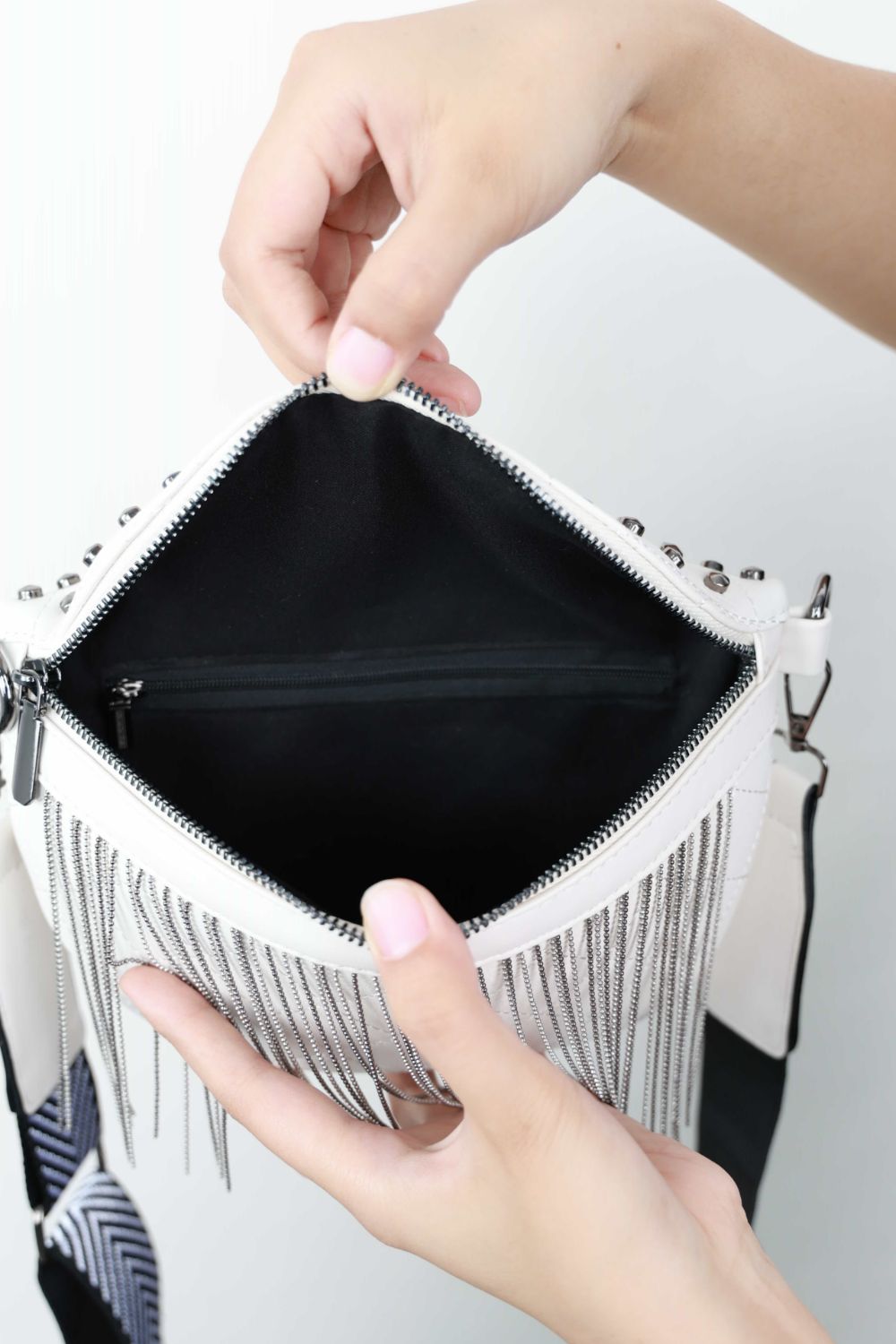Faux Leather Studded Sling Bag with Fringes - Lecatta