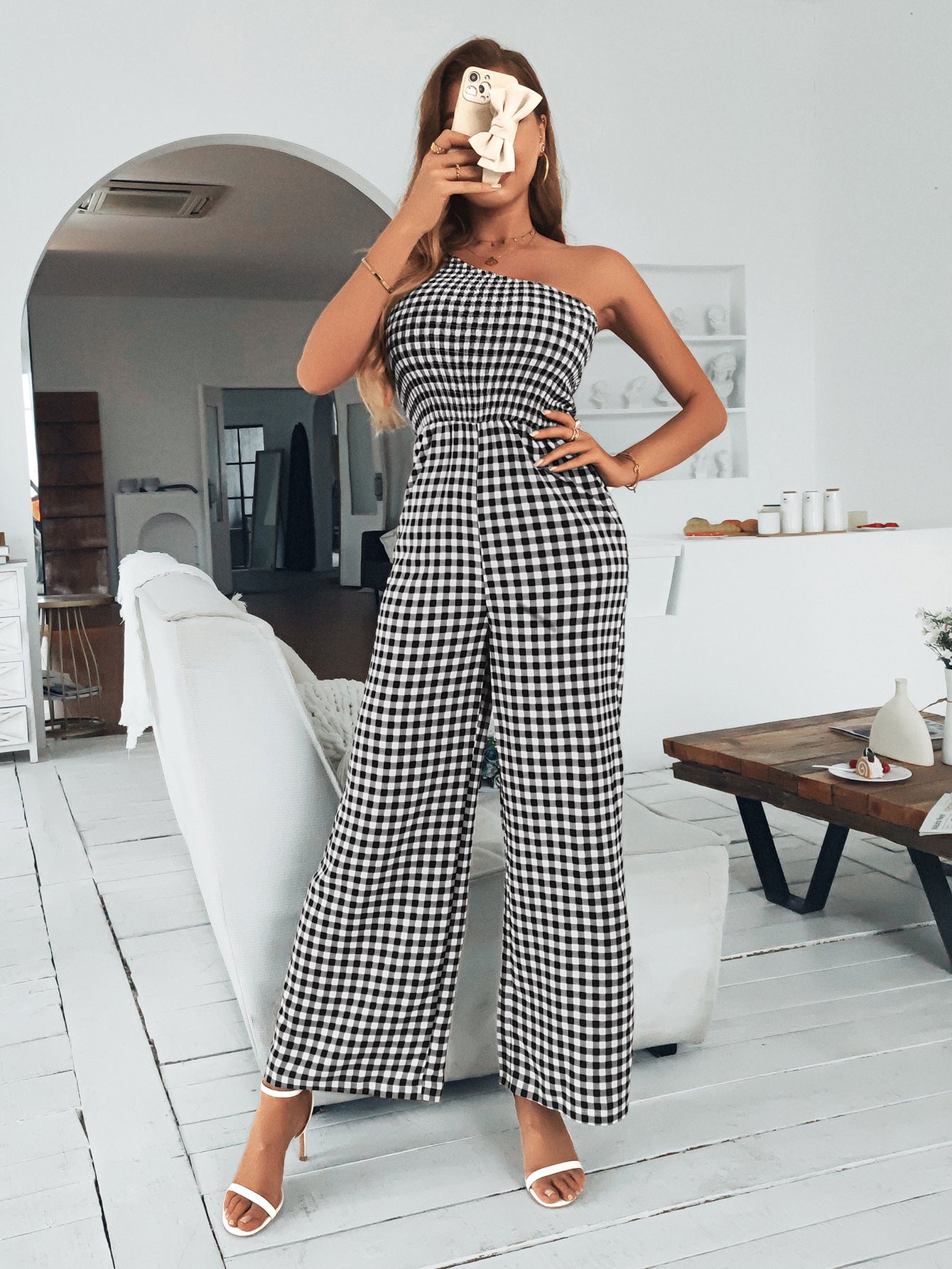 Plaid One-Shoulder Wide Leg Jumpsuit with Pockets - Lecatta