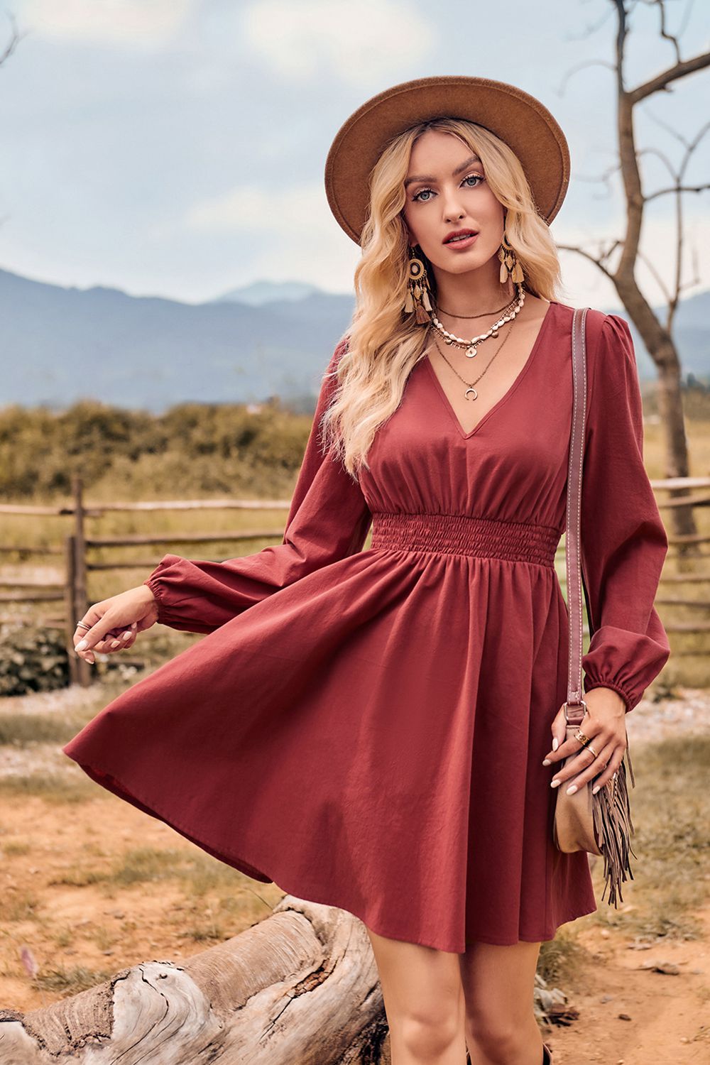 V-Neck Long Sleeve Smocked Waist Mini Dress - Lecatta
