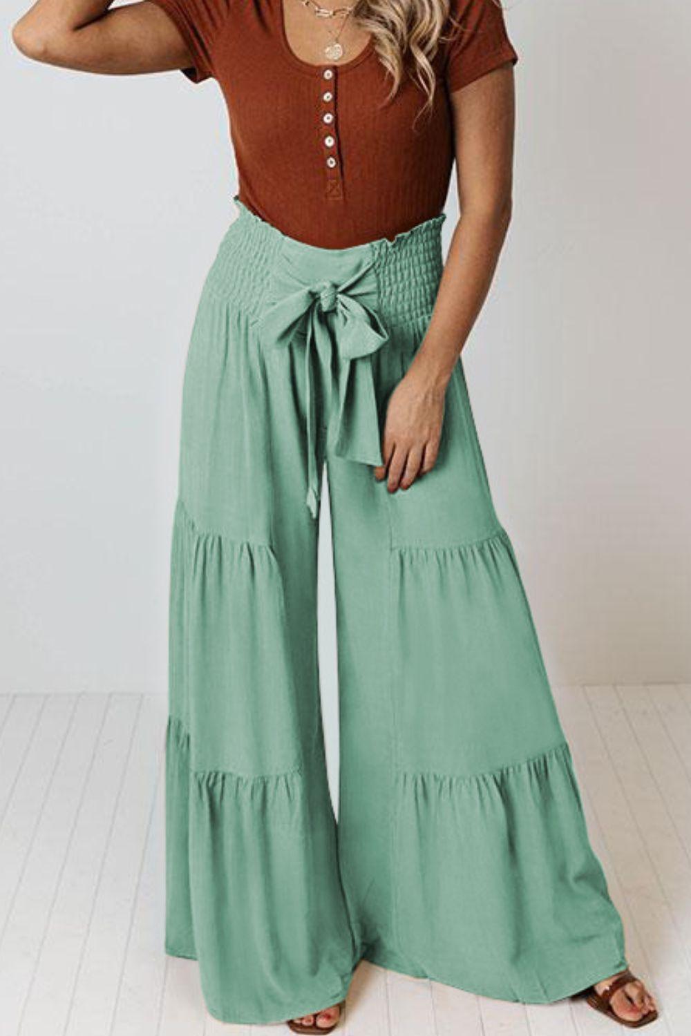 Tie Front Smocked Tiered Culottes - Lecatta