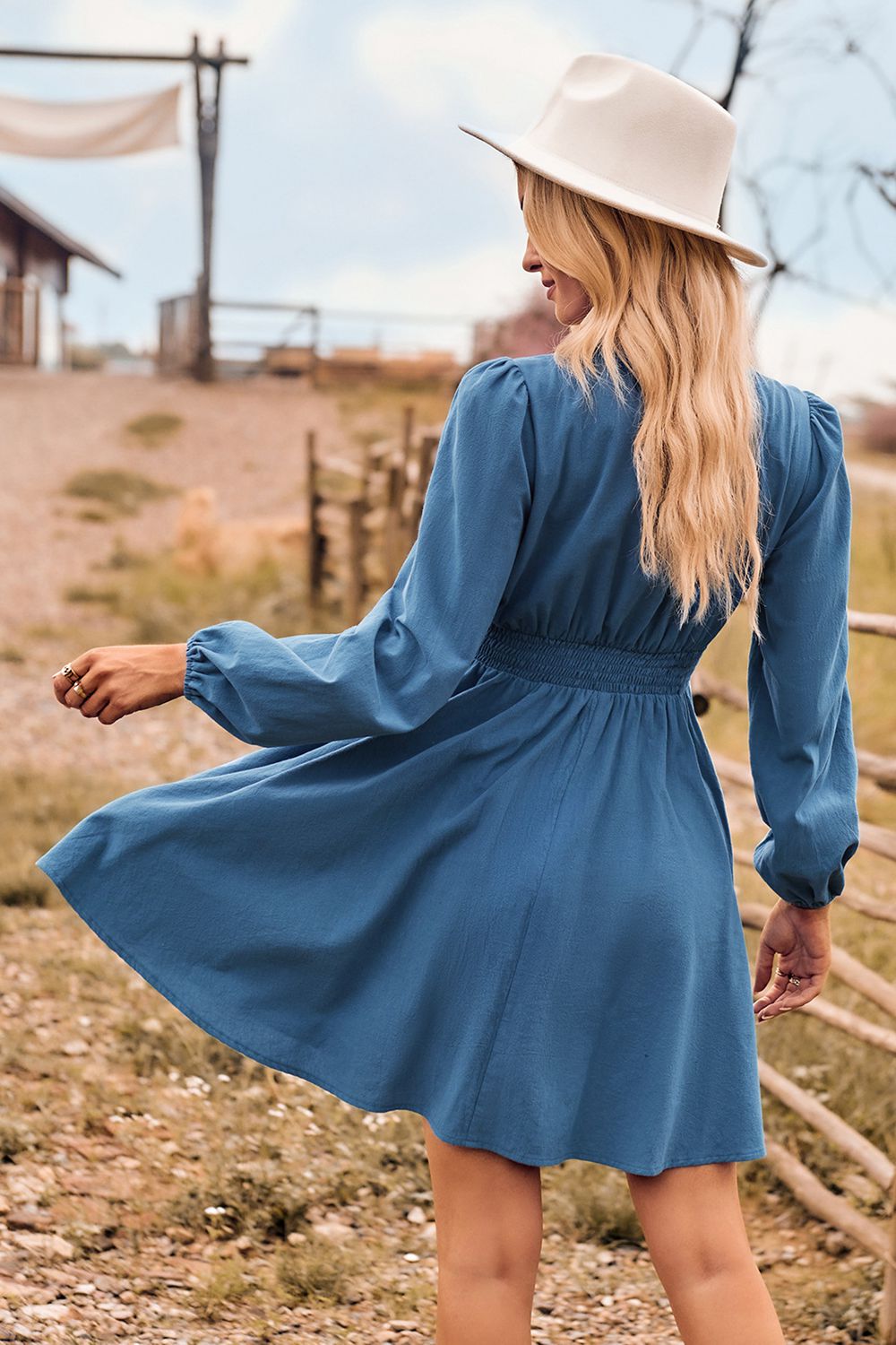 V-Neck Long Sleeve Smocked Waist Mini Dress - Lecatta