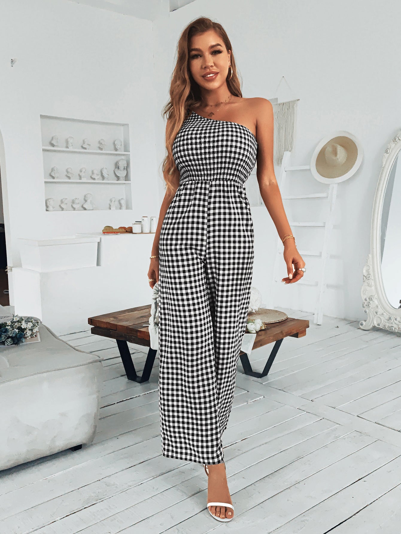 Plaid One-Shoulder Wide Leg Jumpsuit with Pockets - Lecatta