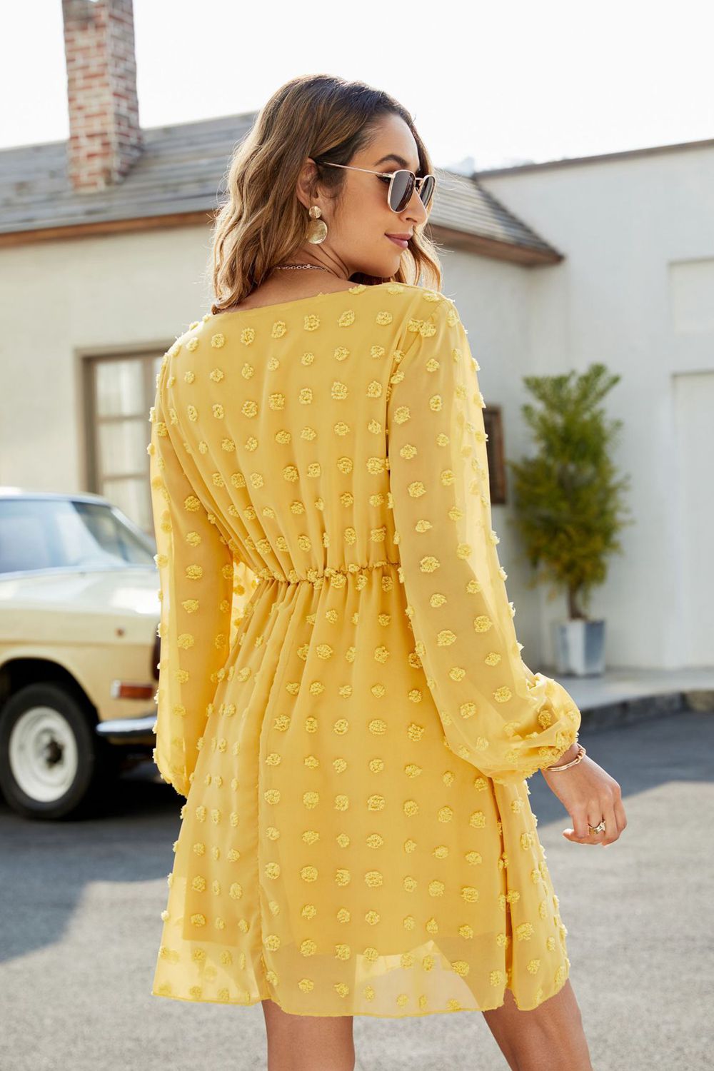 Swiss Dot V-Neck Lantern Sleeve Mini Dress - Lecatta