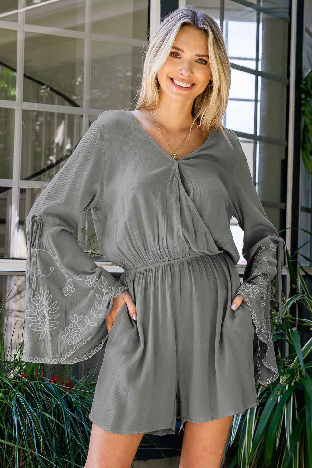 Surplice Neck Flare Sleeve Romper - Lecatta