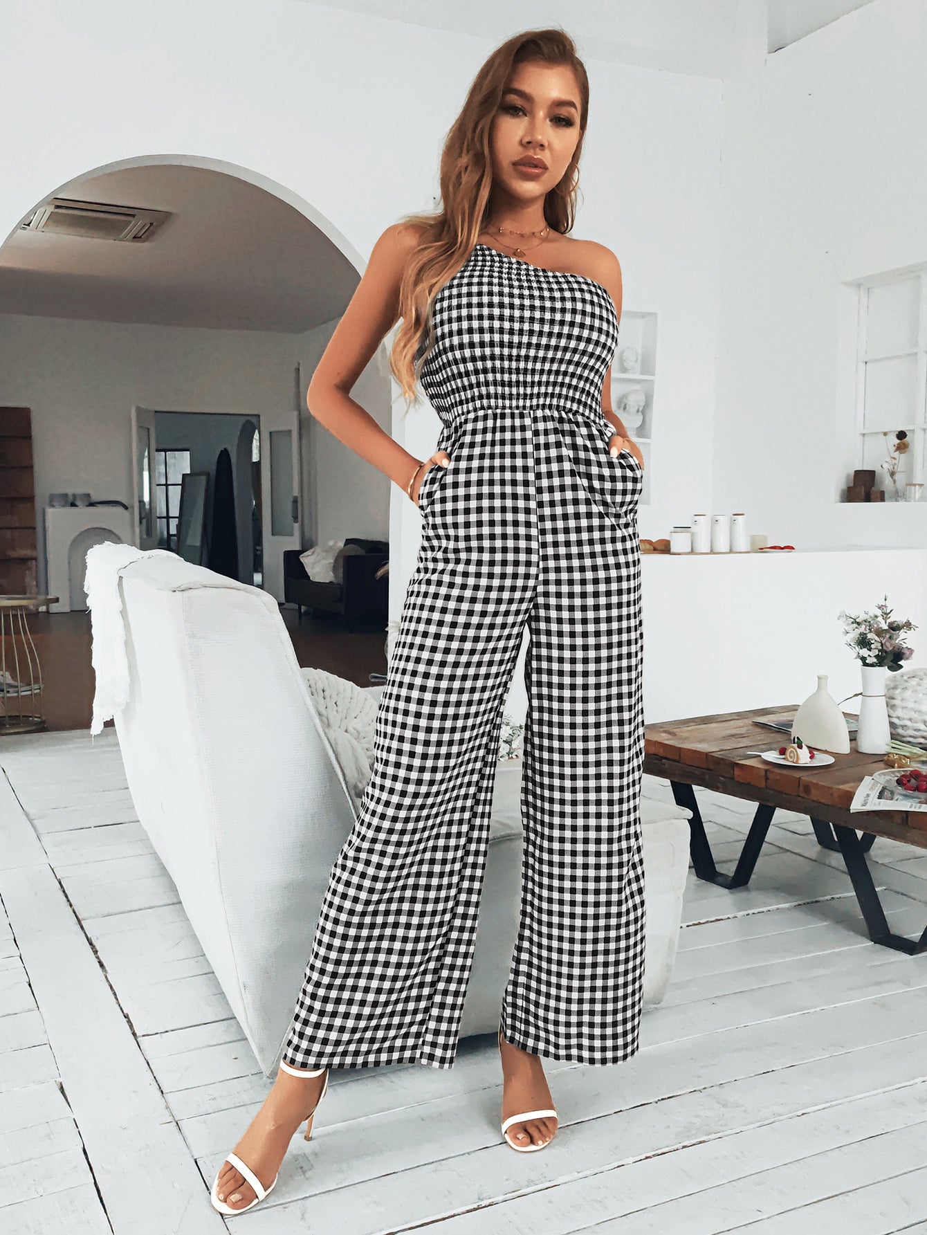 Plaid One-Shoulder Wide Leg Jumpsuit with Pockets - Lecatta