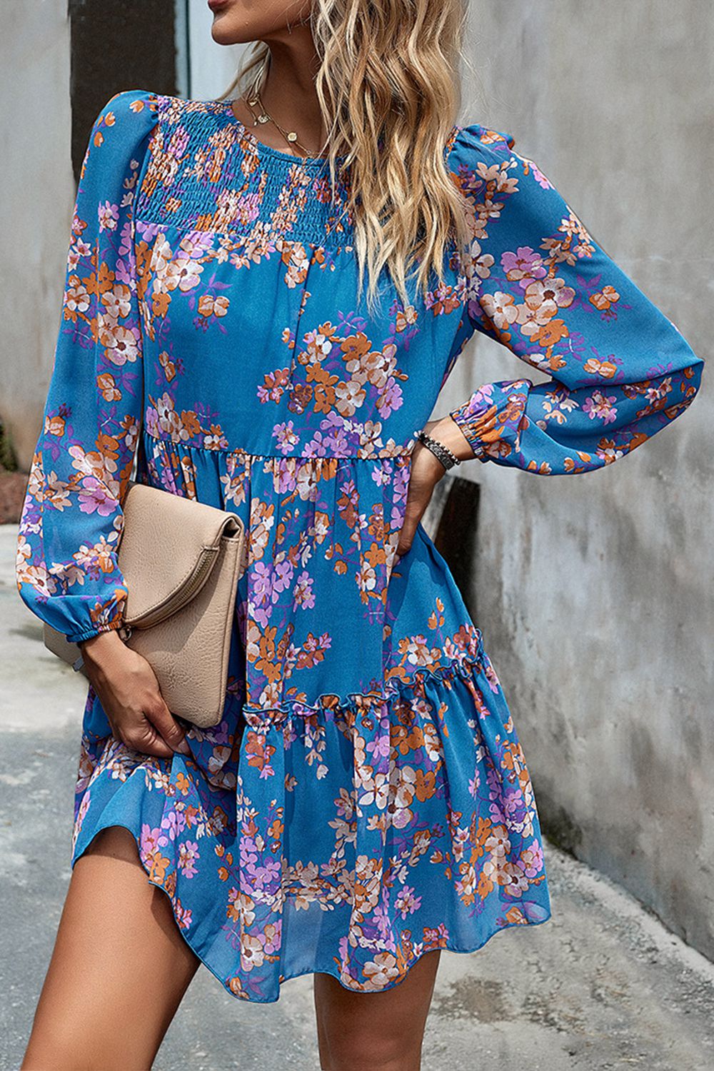 Smocked Floral Print Long Sleeve Mini Dress - Lecatta