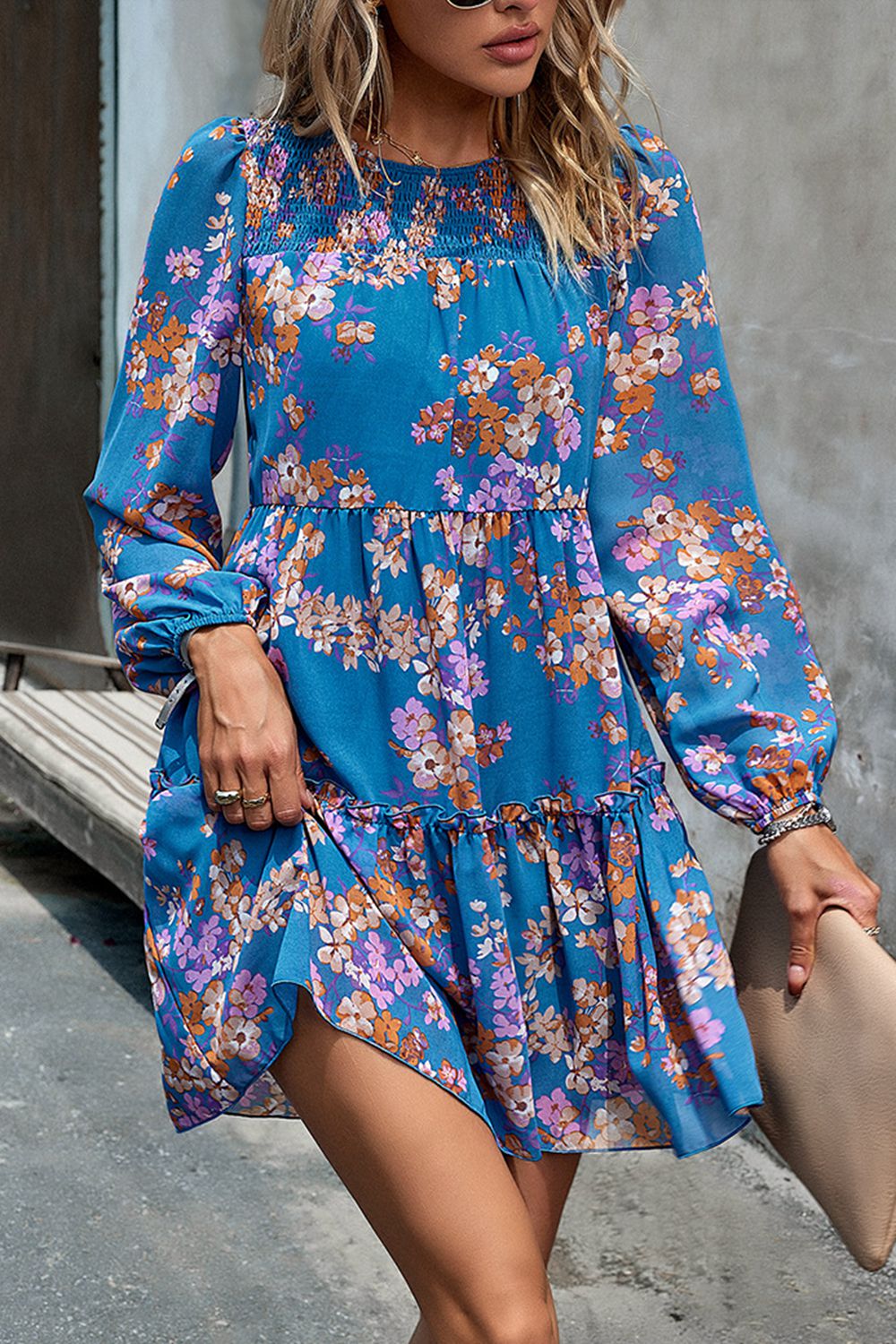 Smocked Floral Print Long Sleeve Mini Dress - Lecatta