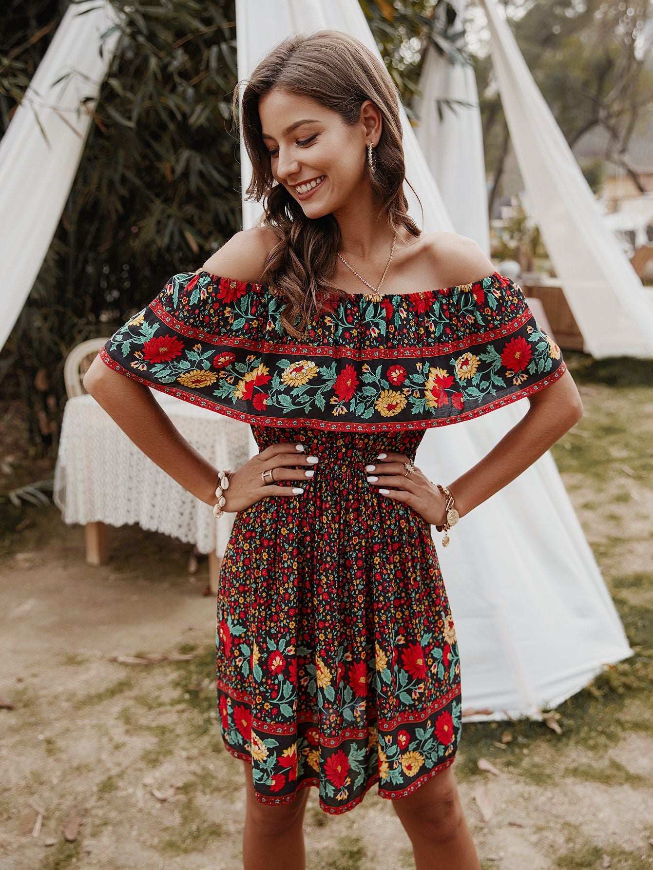 Bohemian Print Off-Shoulder Strapless Knee Length Dress - Lecatta