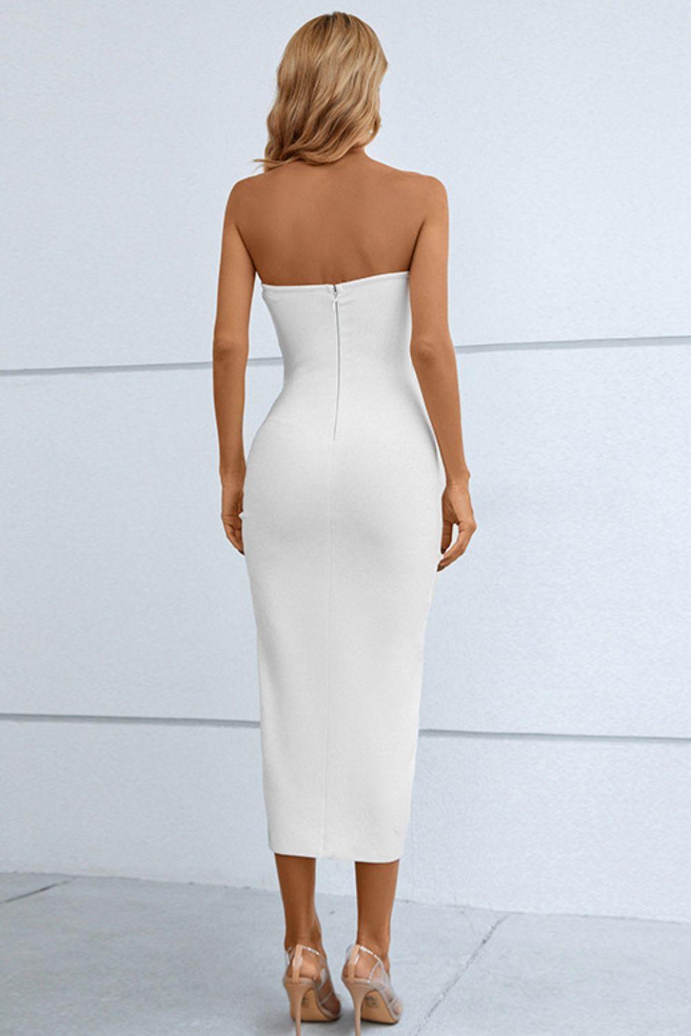 Cutout Strapless Drawstring Detail Split Bandage Dress - Lecatta