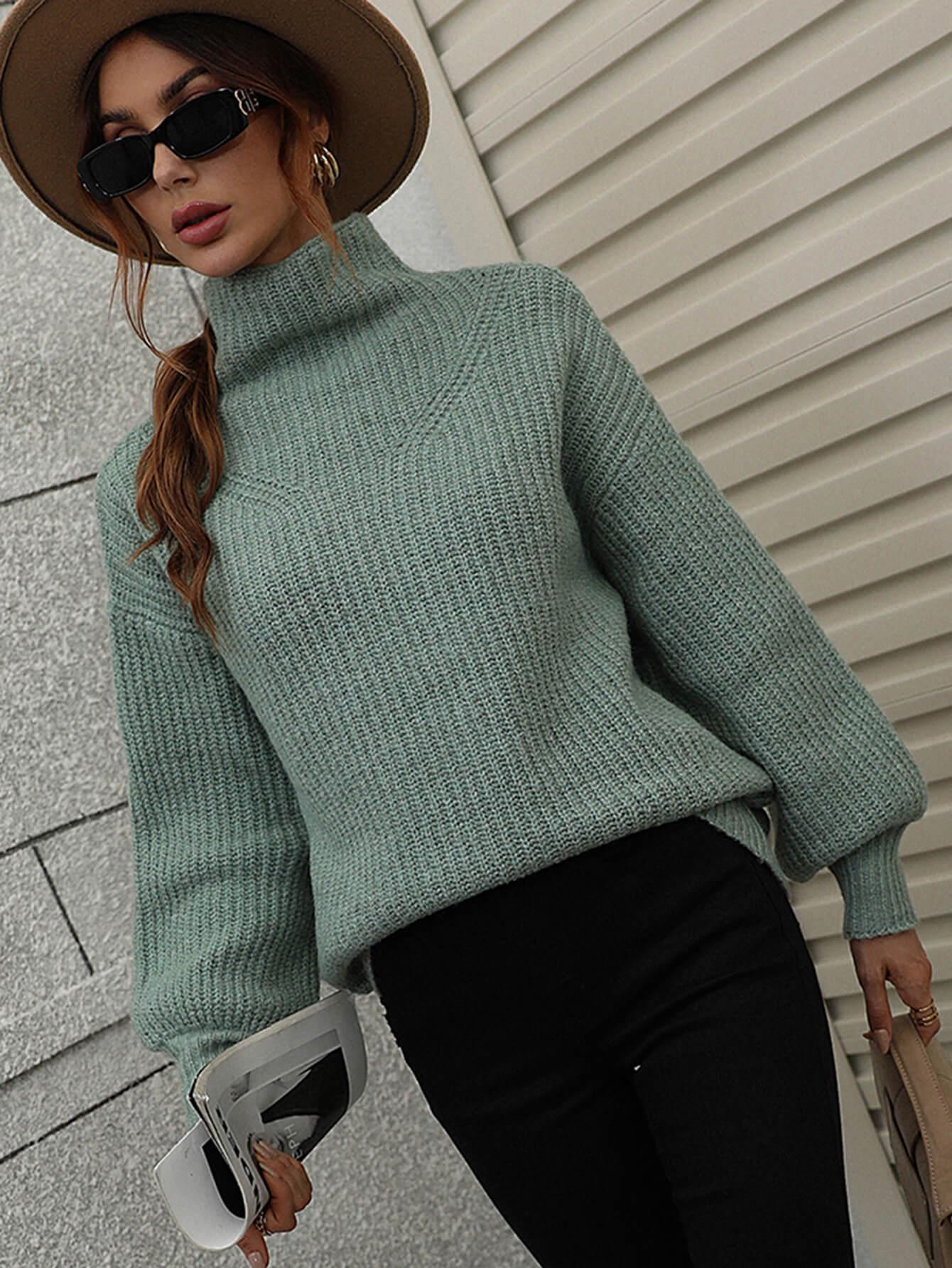 High Neck Balloon Sleeve Rib-Knit Pullover Sweater - Lecatta