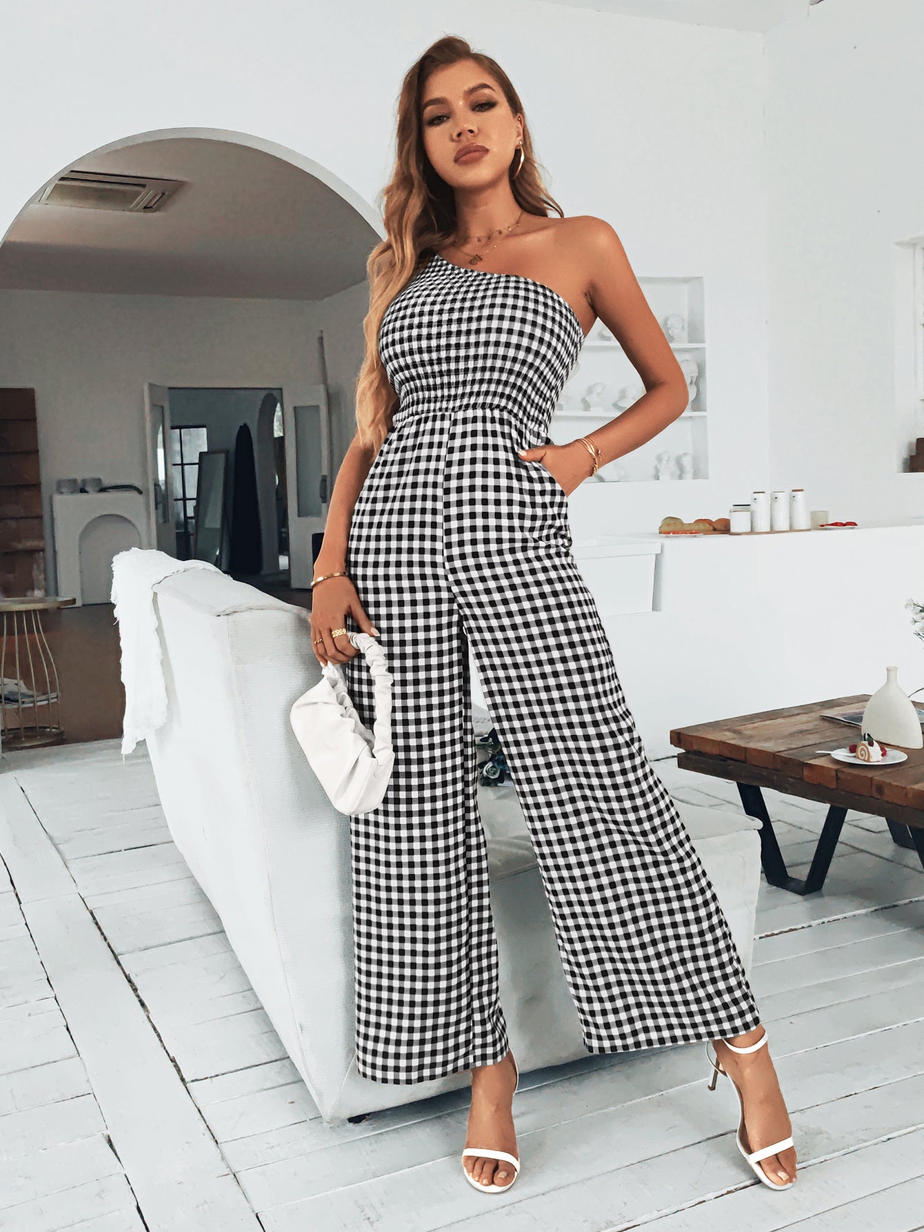 Plaid One-Shoulder Wide Leg Jumpsuit with Pockets - Lecatta