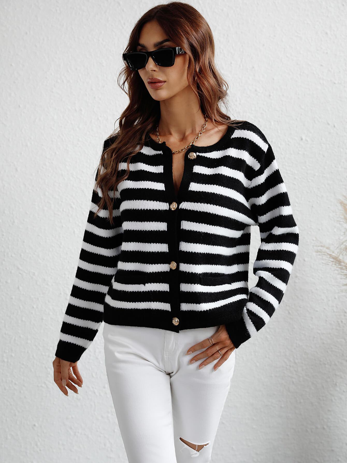 Striped Button Front Cardigan - Lecatta