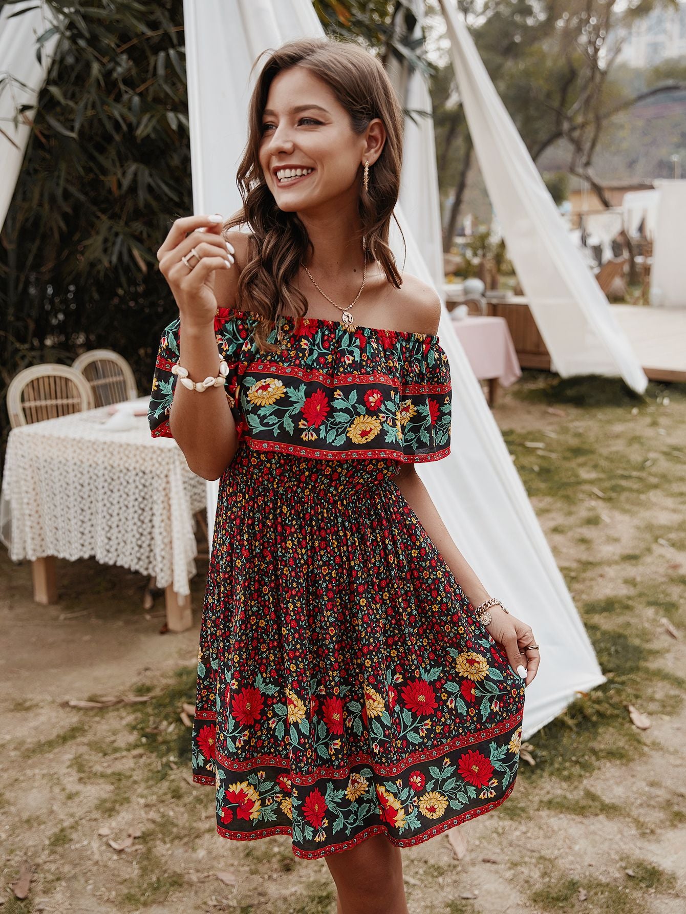 Bohemian Print Off-Shoulder Strapless Knee Length Dress - Lecatta