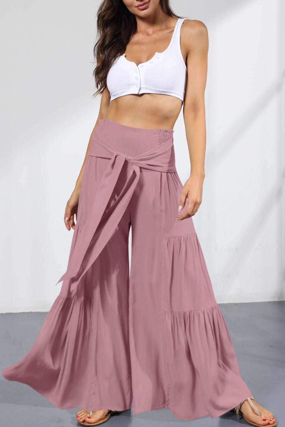 Tie Front Smocked Tiered Culottes - Lecatta
