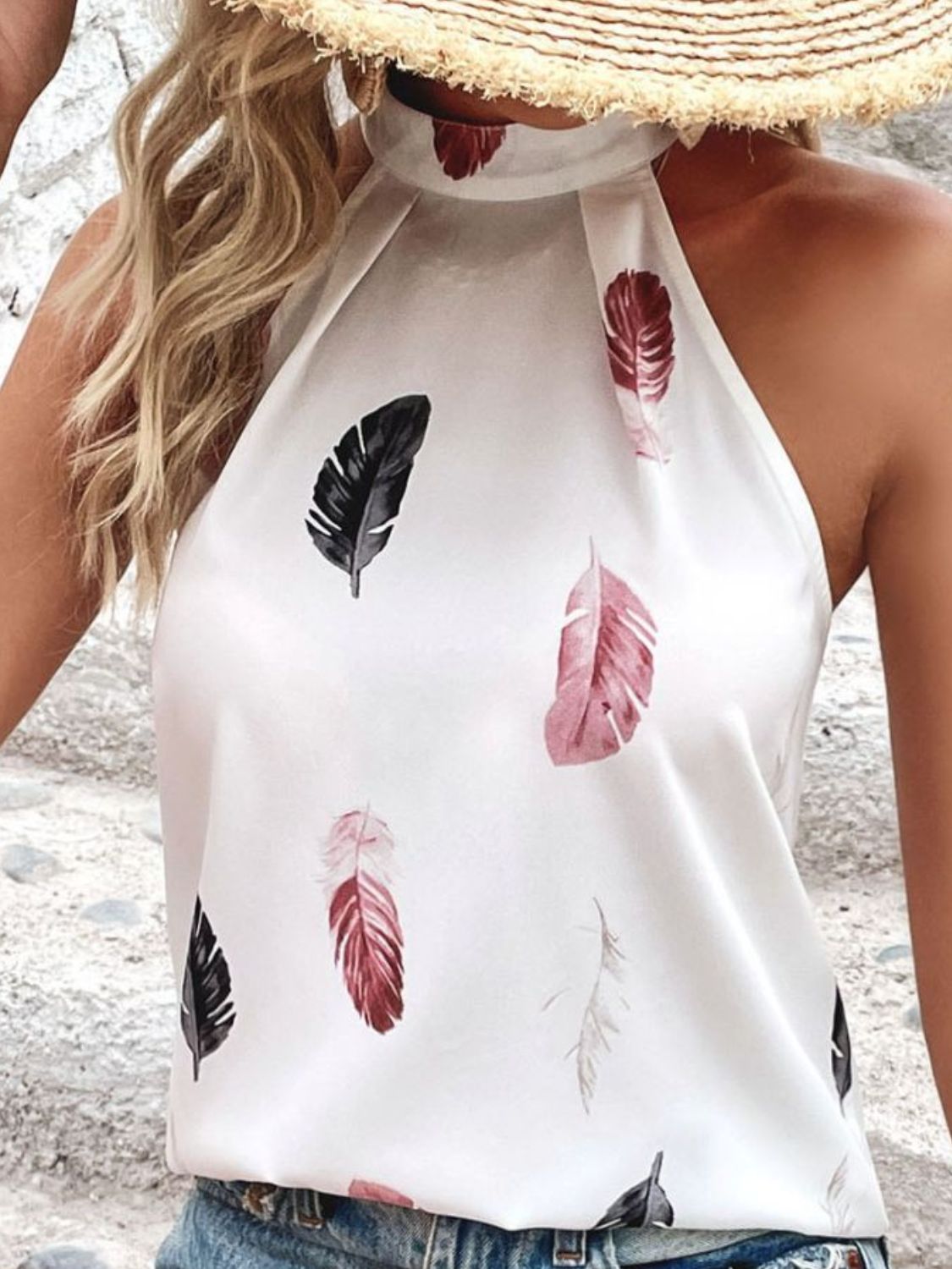 Feather Print Grecian Neck Tank - Lecatta