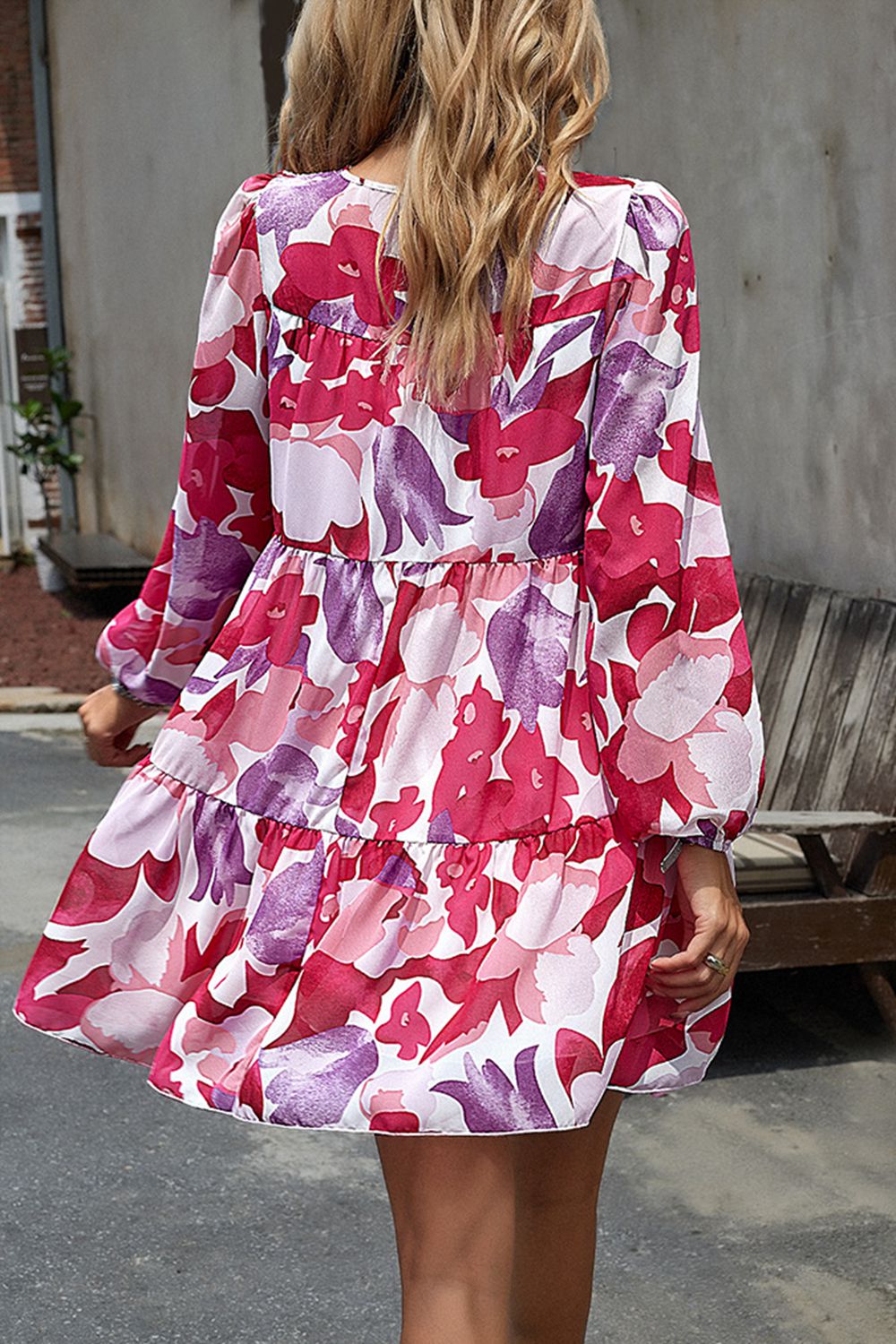 Smocked Floral Print Long Sleeve Mini Dress - Lecatta