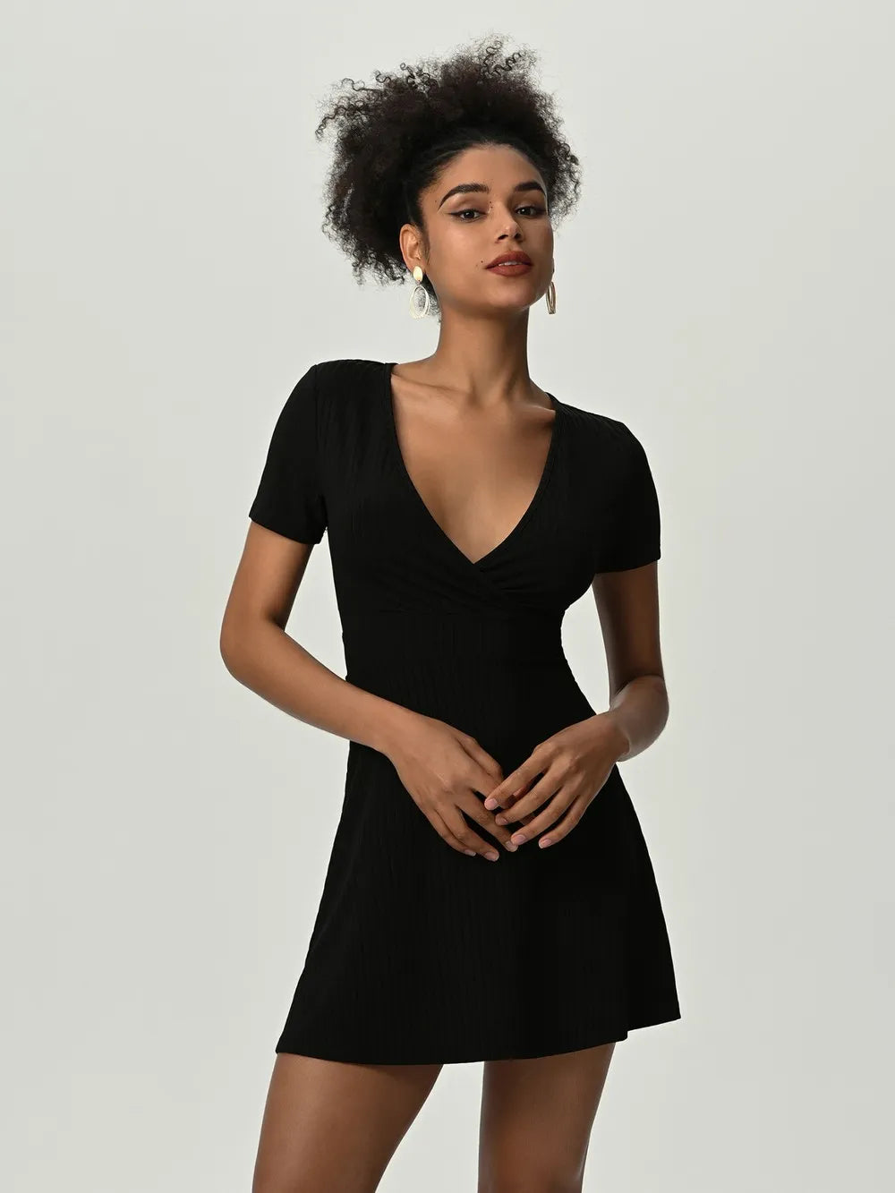 Deep V Short Sleeve Mini Dress - Lecatta