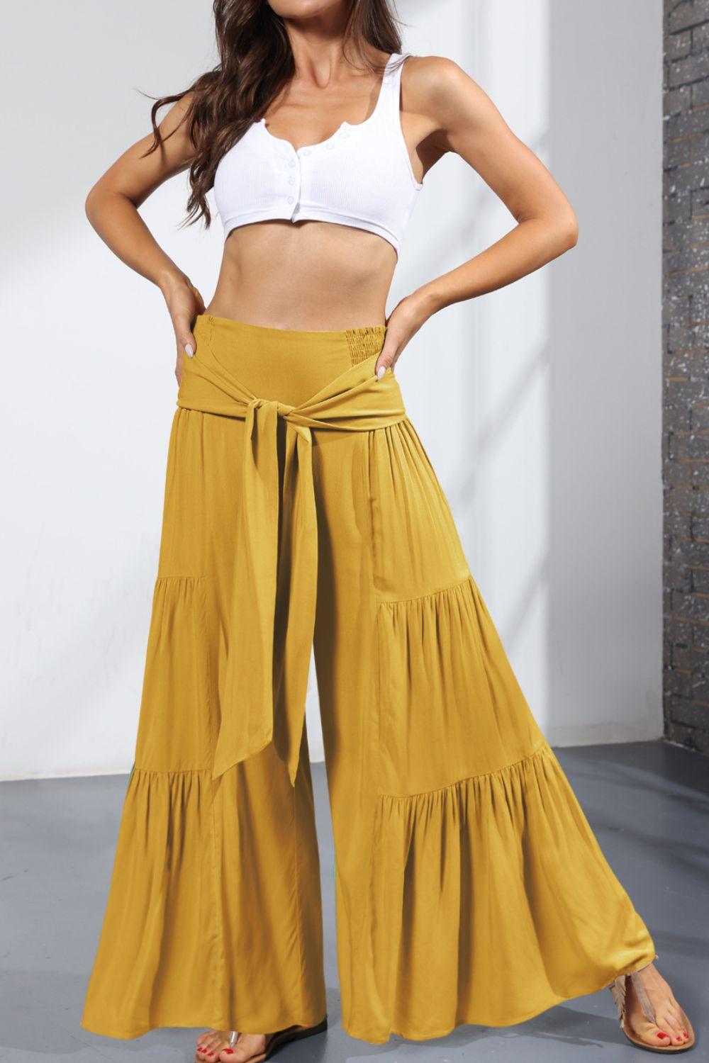 Tie Front Smocked Tiered Culottes - Lecatta