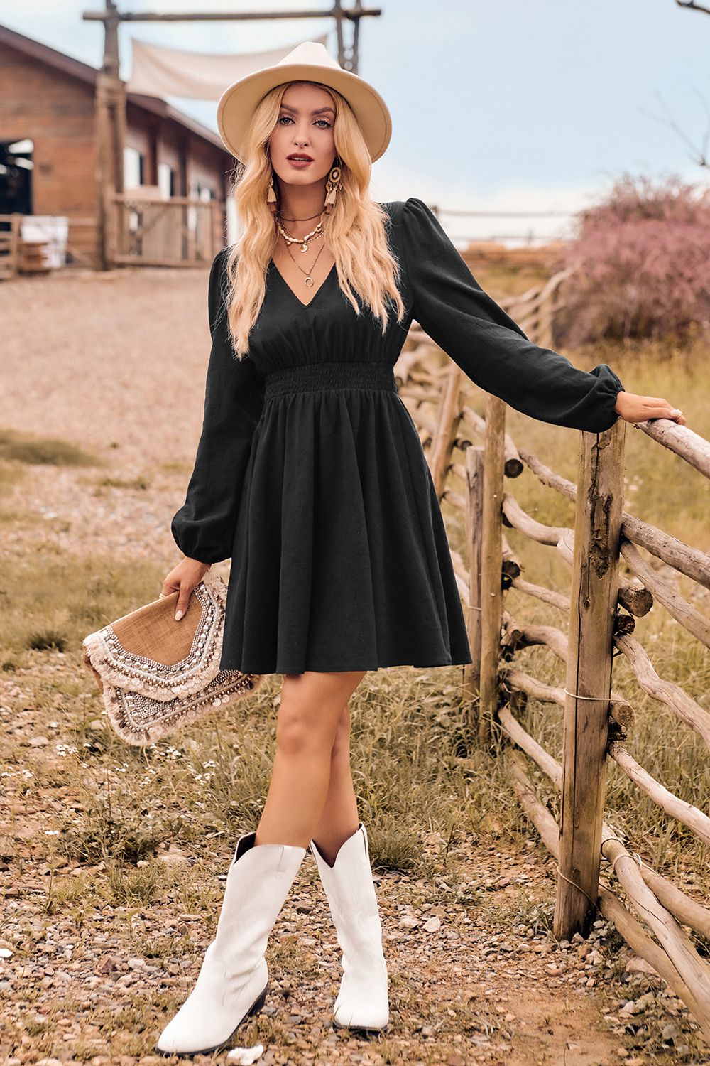 V-Neck Long Sleeve Smocked Waist Mini Dress - Lecatta