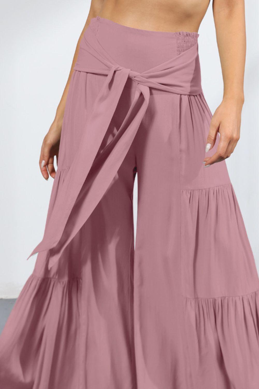 Tie Front Smocked Tiered Culottes - Lecatta