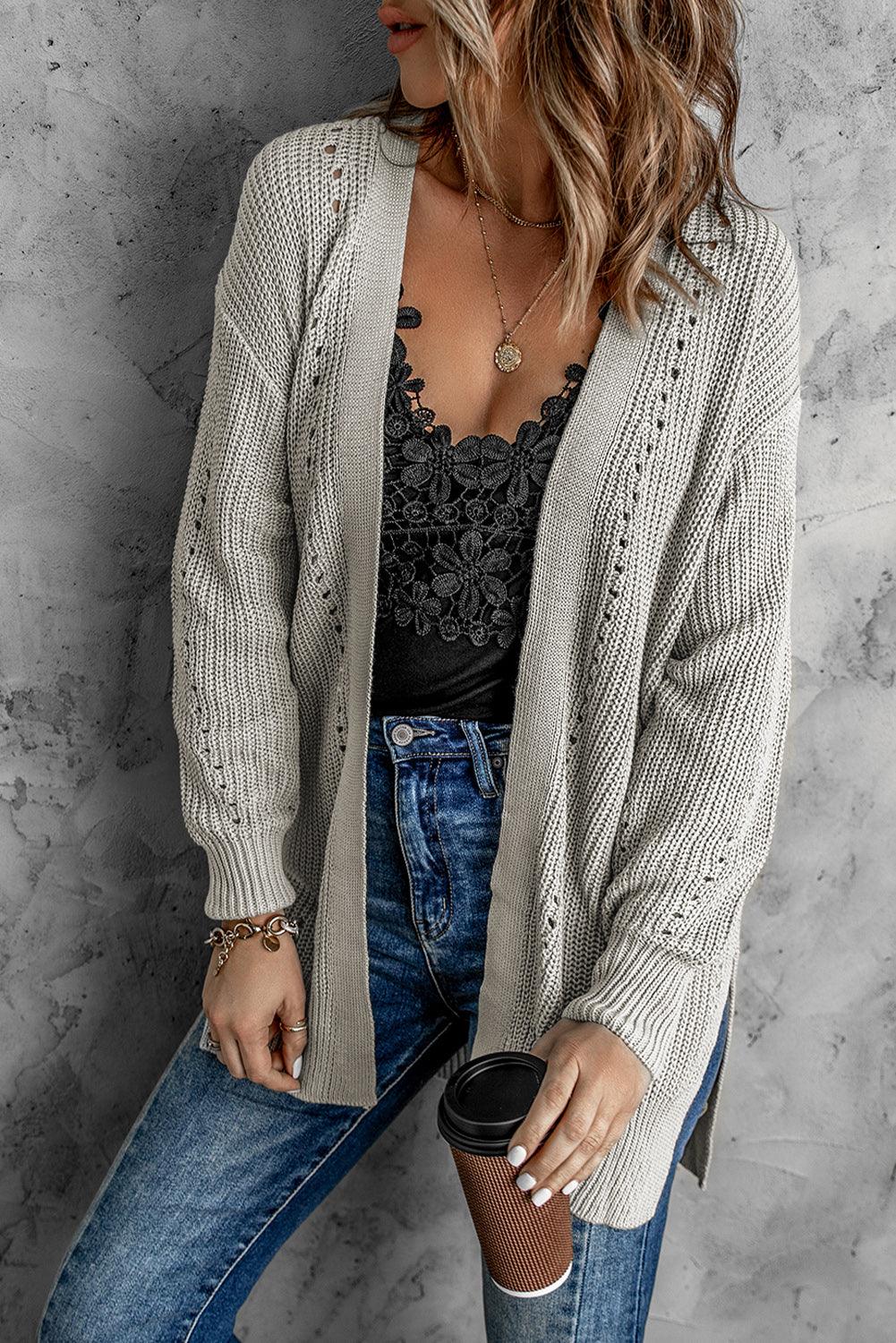 Openwork Rib-Knit Slit Cardigan - Lecatta