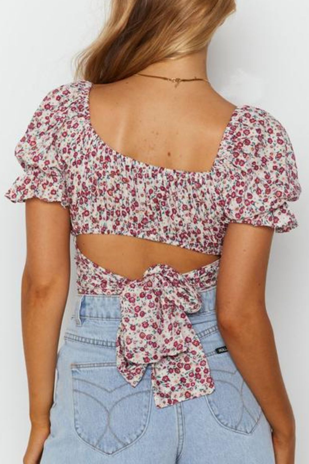 Flower Print Ruffle Trim Off-Shoulder Back Tie Blouse - Lecatta