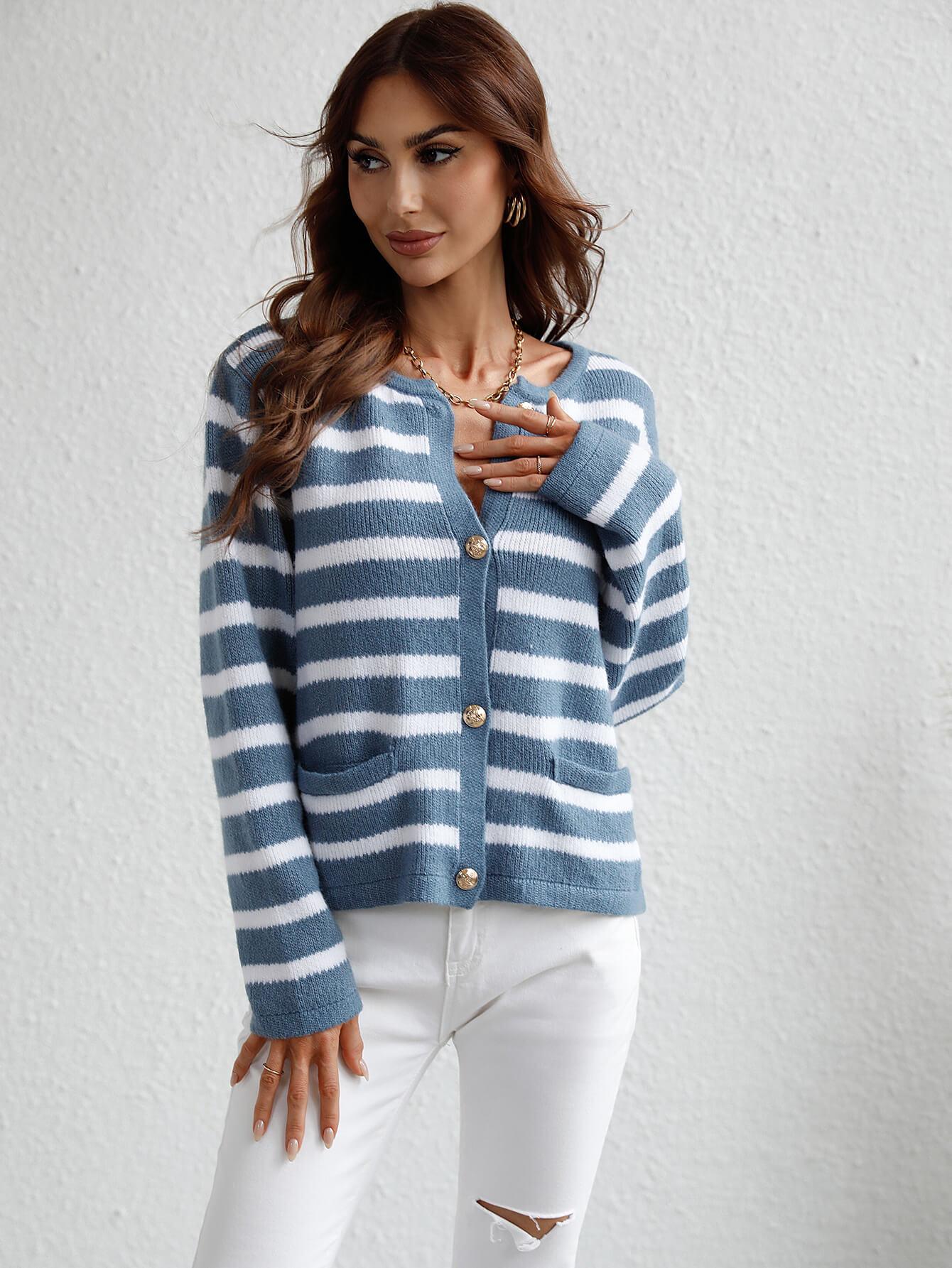 Striped Button Front Cardigan - Lecatta