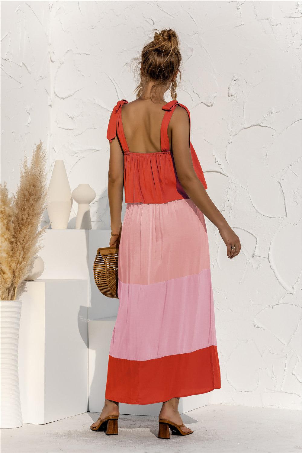 Color Block Tie Shoulder Tiered Sleeveless Dress - Lecatta