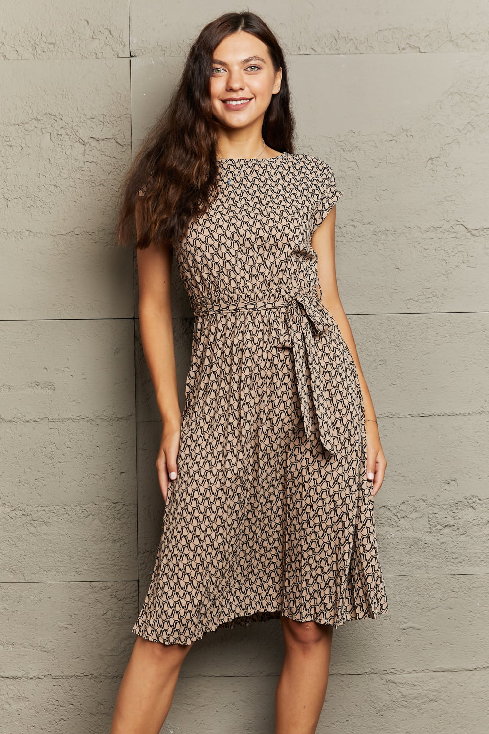 Round Neck Tie Waist Dress - Lecatta