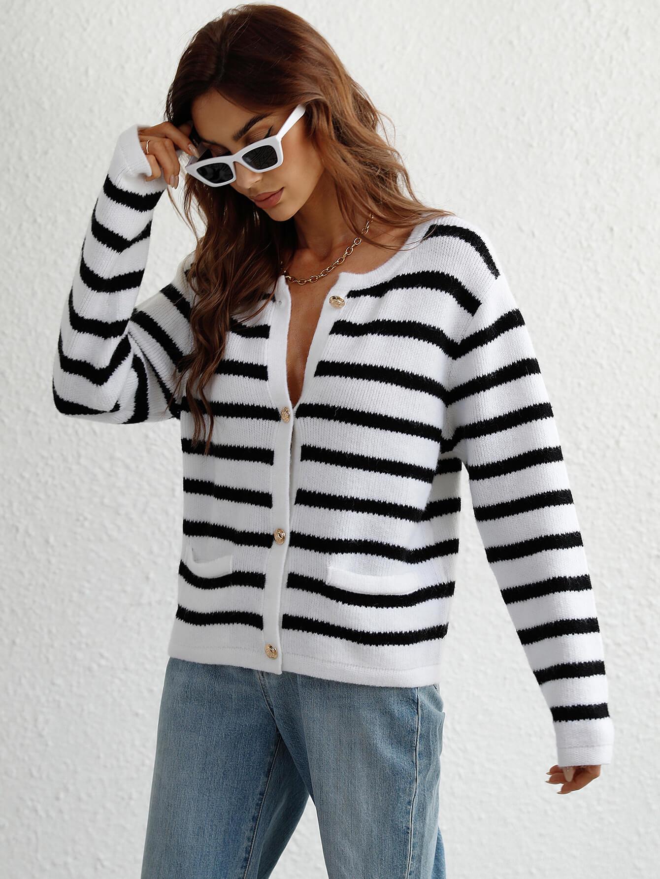Striped Button Front Cardigan - Lecatta