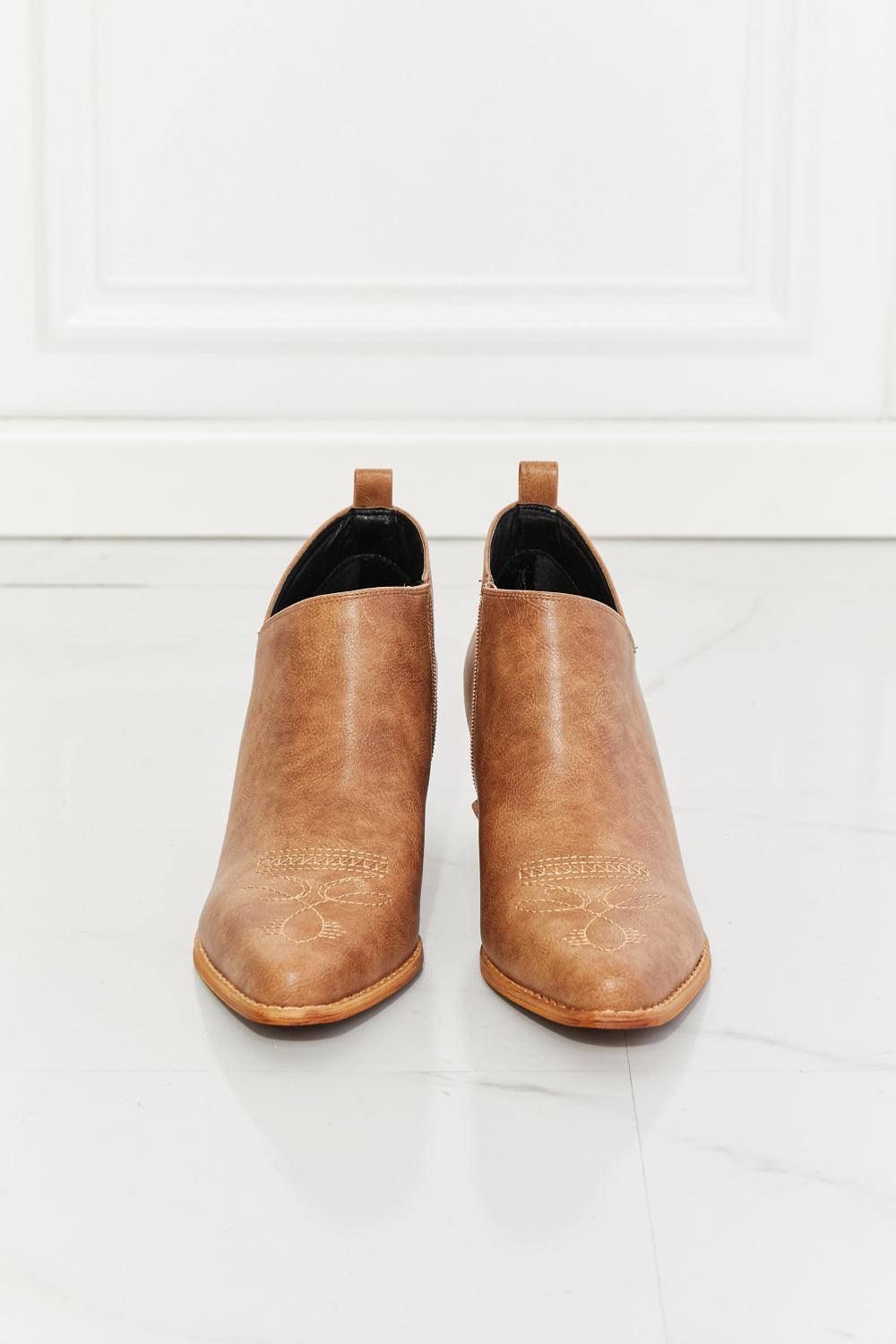 MMShoes Trust Yourself Embroidered Crossover Cowboy Bootie in Caramel - Lecatta