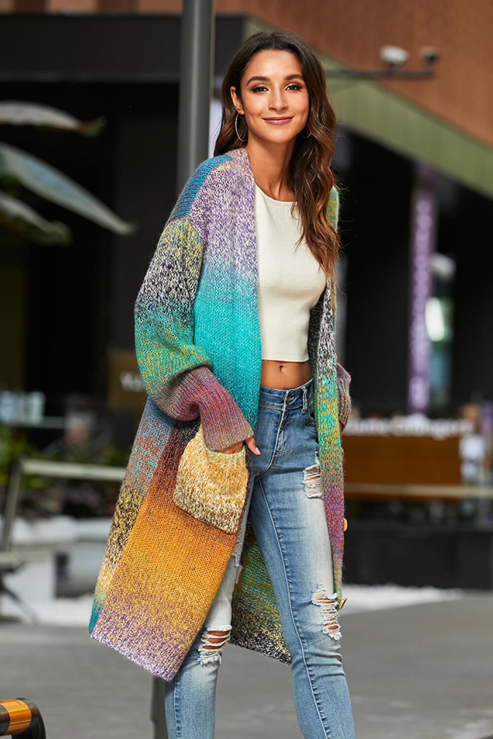 Gradient Button Down Duster Cardigan with Pockets - Lecatta