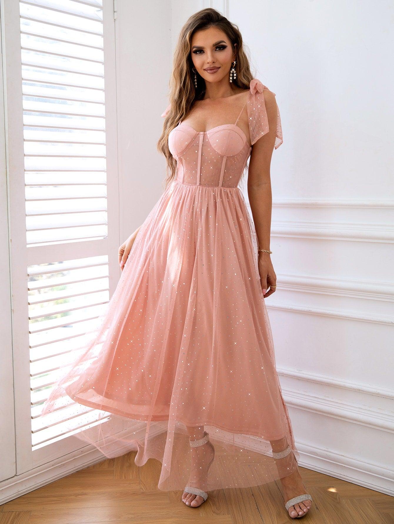 Rhinestone Mesh Overlay Tie-Shoulder Dress - Lecatta