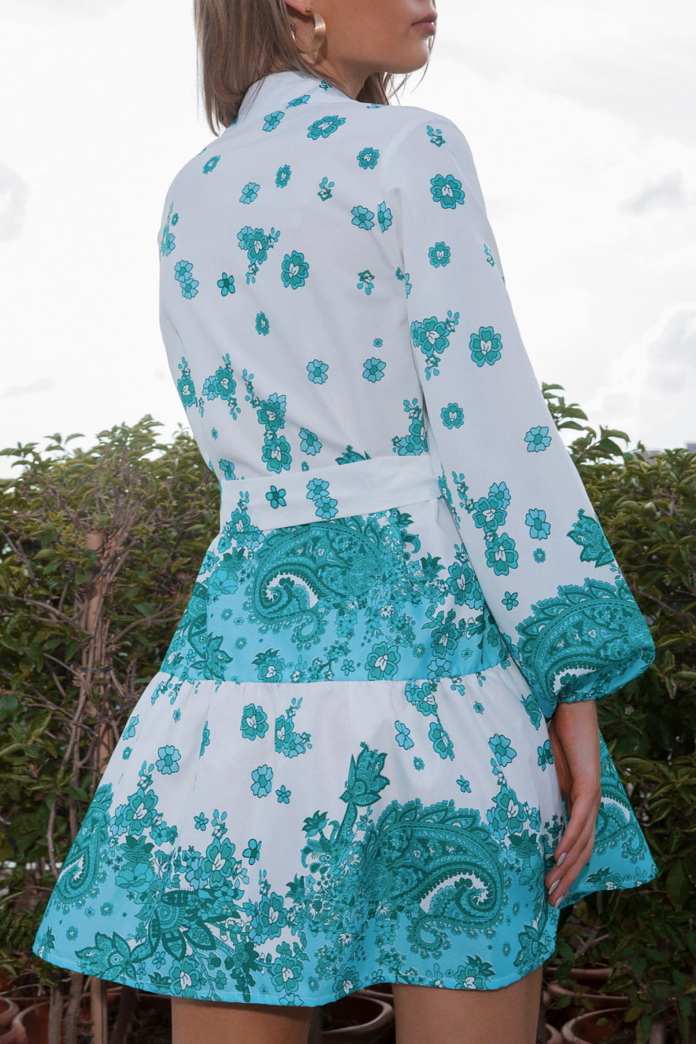 Collared Neck Tie Waist Shirt Dress - Lecatta