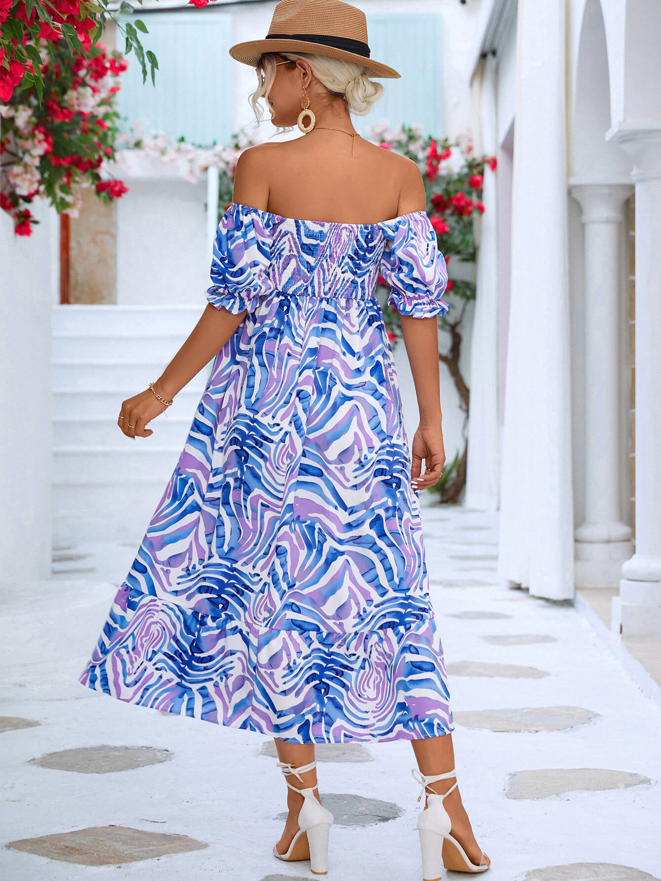 Floral Smocked Flounce Sleeve Midi Dress - Lecatta