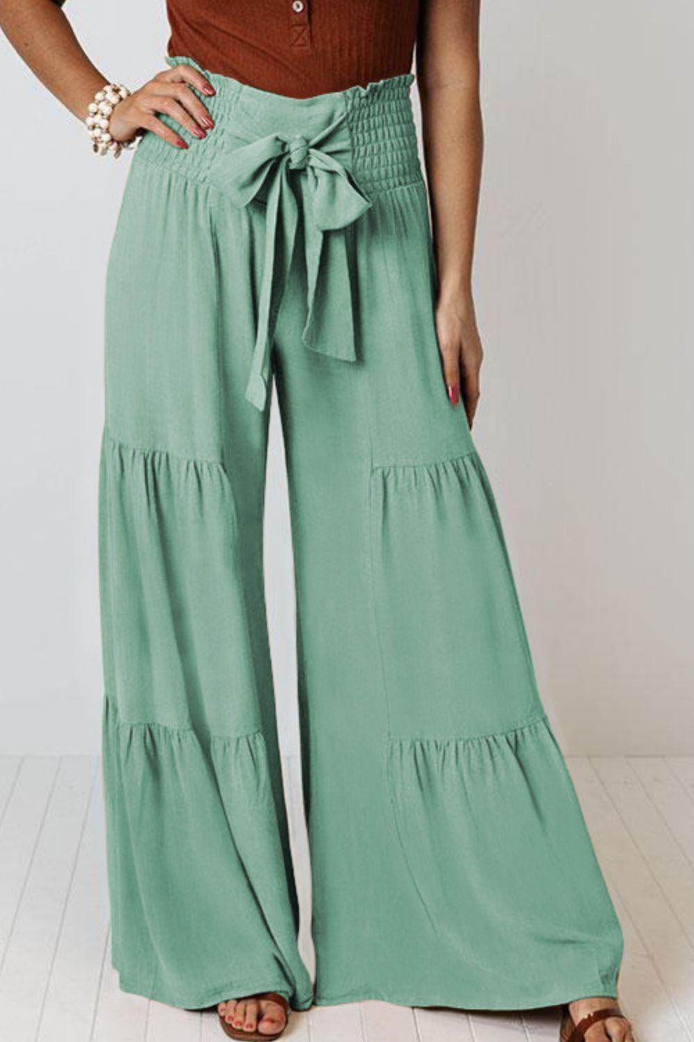 Tie Front Smocked Tiered Culottes - Lecatta