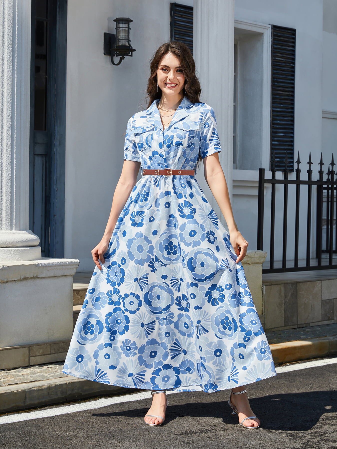 Floral Print Lapel Collar Short Sleeve Maxi Dress - Lecatta
