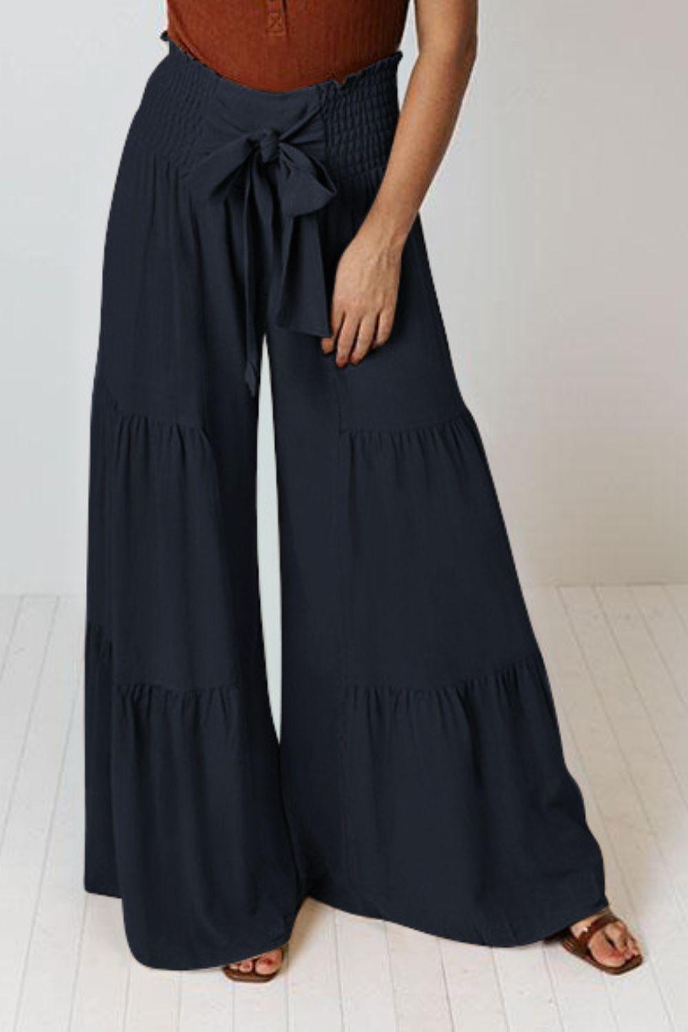 Tie Front Smocked Tiered Culottes - Lecatta