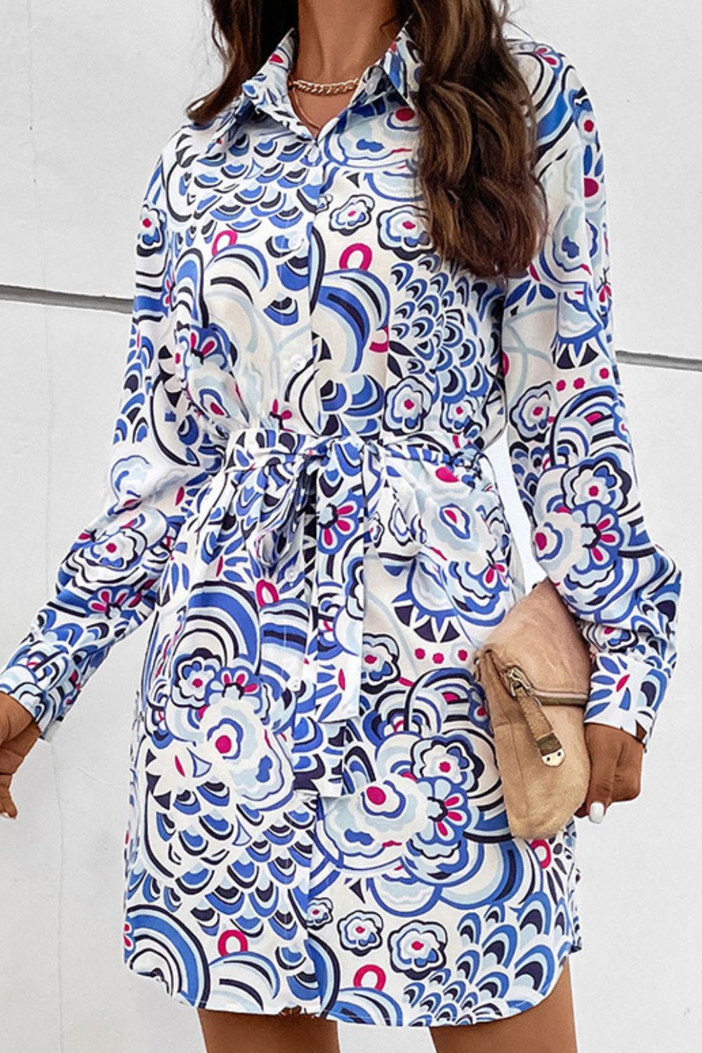 Printed Collared Neck Tie Waist Long Sleeve Dress - Lecatta