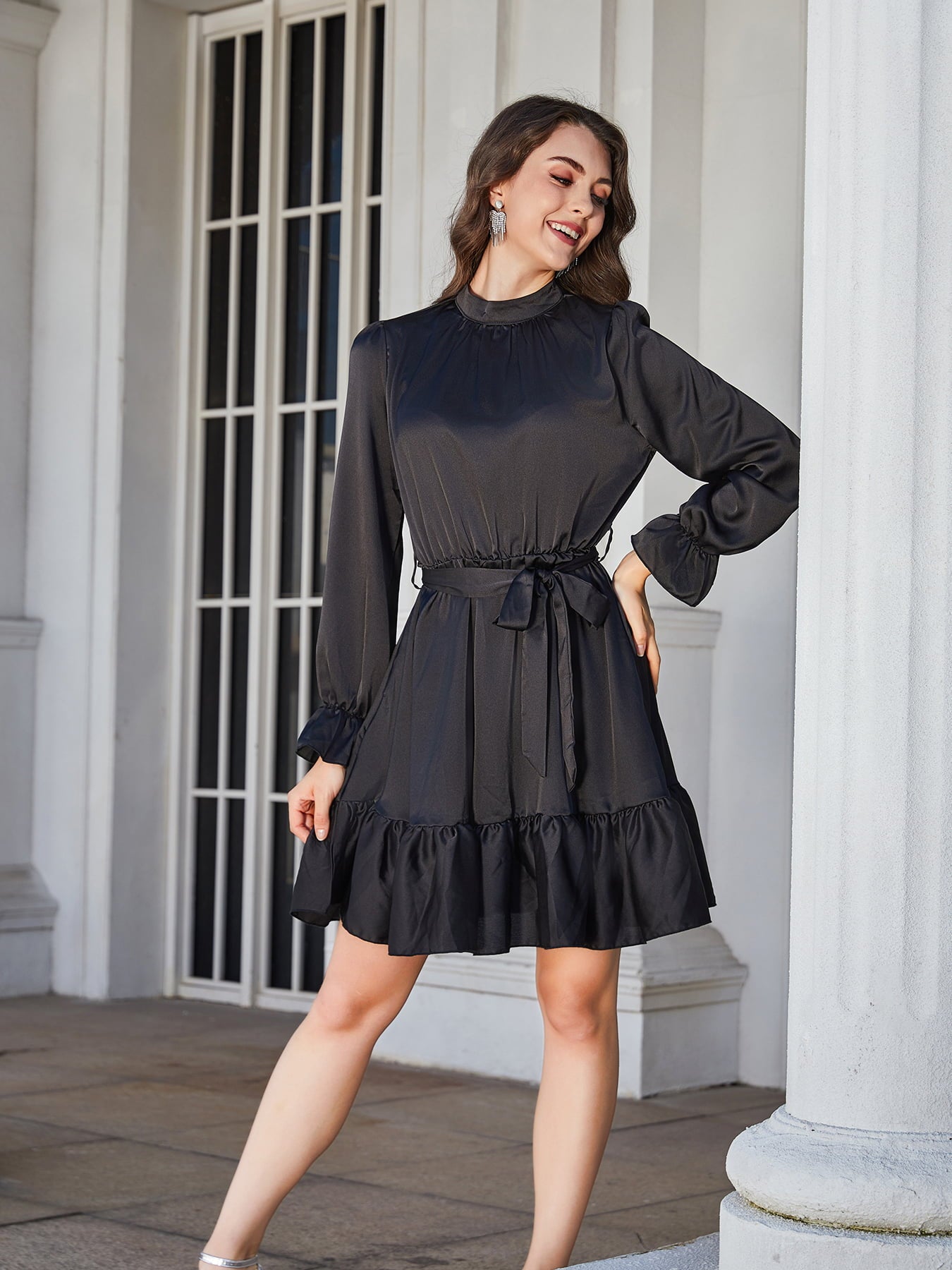 Ruffle Hem Tie Belt Mock Neck Knee Length Dress - Lecatta