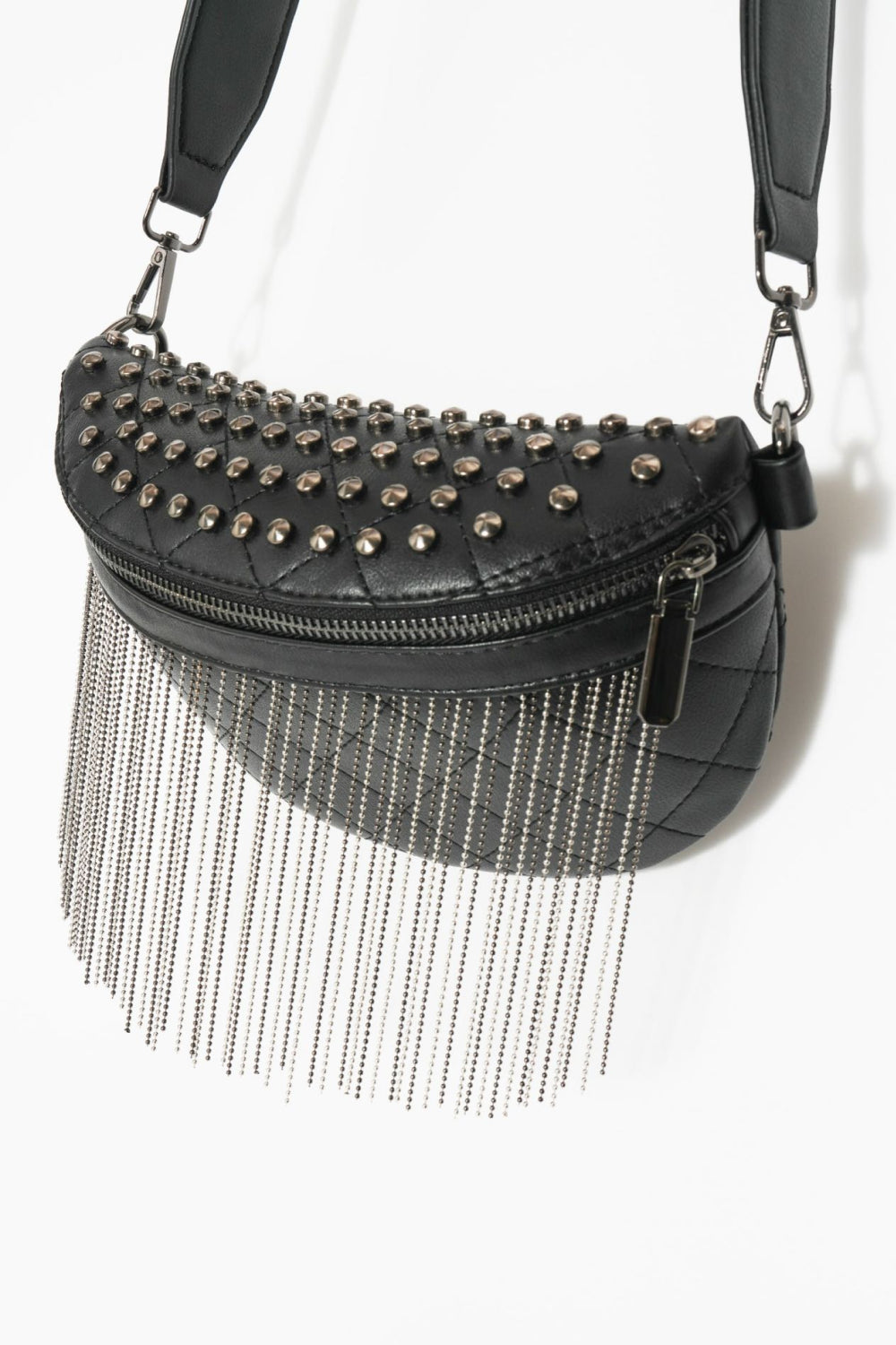 Faux Leather Studded Sling Bag with Fringes - Lecatta