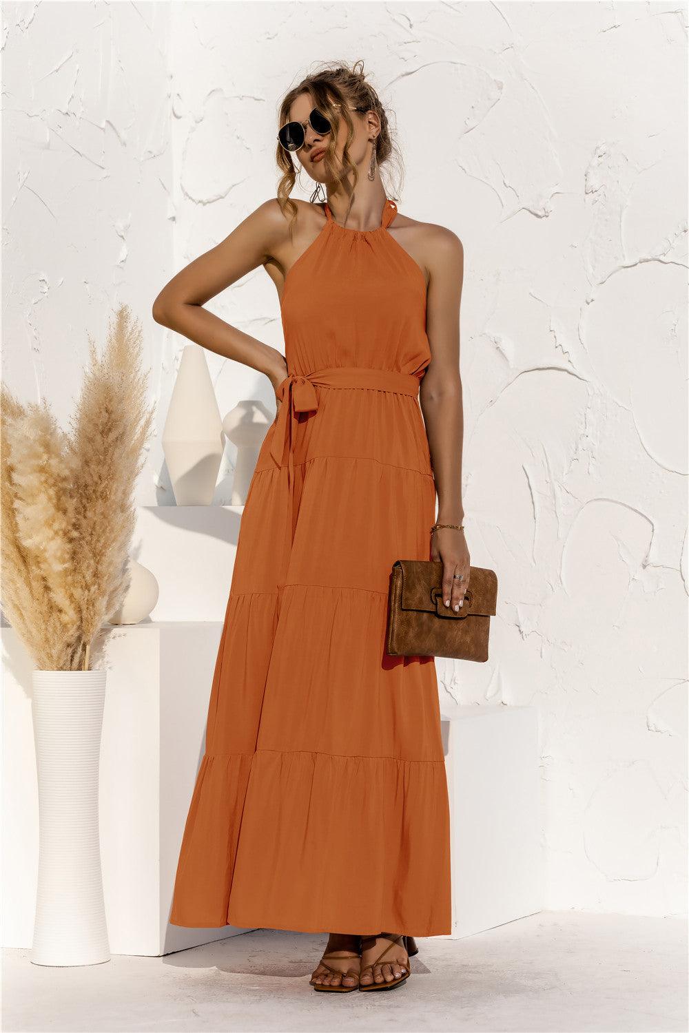 Halter Neck Tie Waist Tiered Maxi Dress - Lecatta