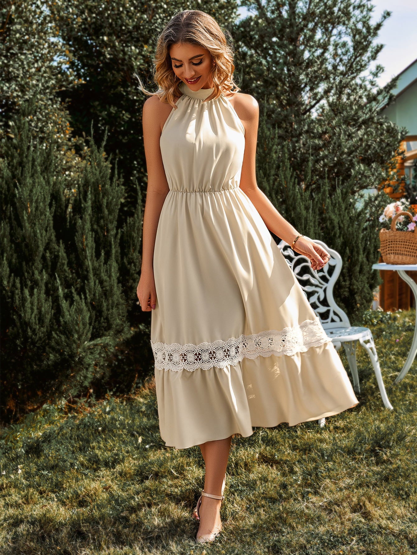 Grecian Neck Spliced Lace Midi Dress - Lecatta