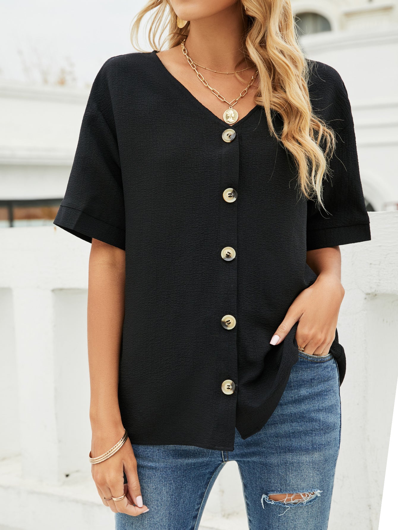 V-Neck Dropped Shoulder Shirt - Lecatta