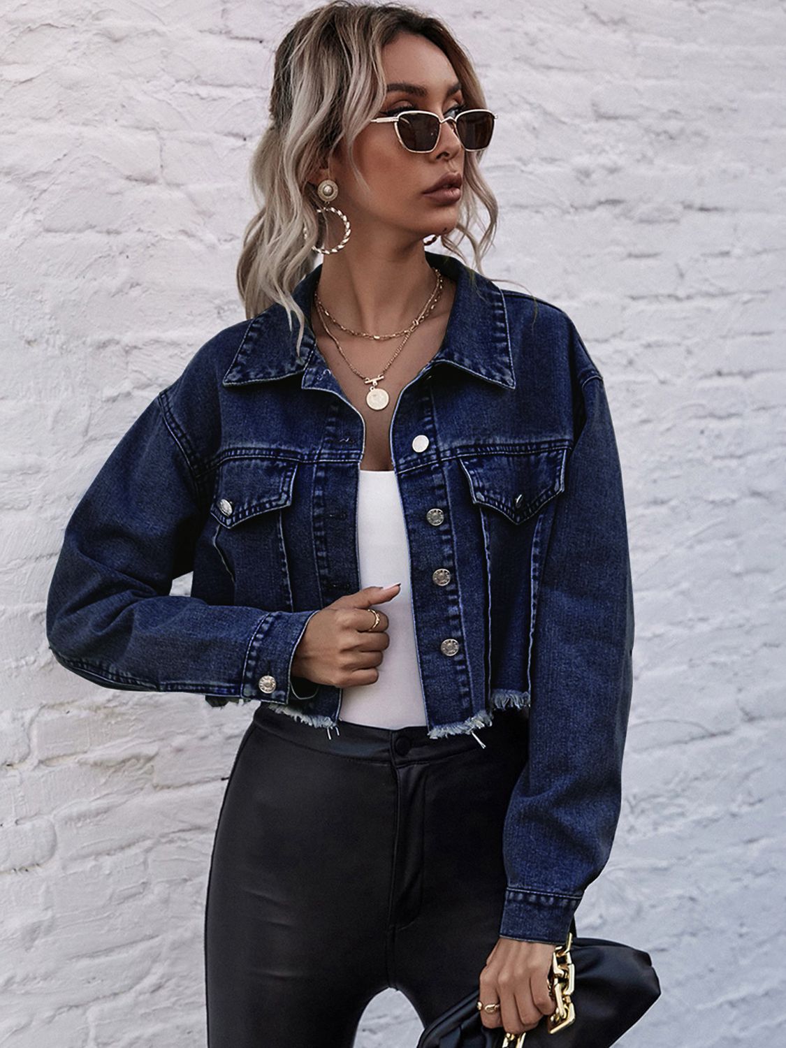 Cropped Collared Neck Raw Hem Denim Jacket - Lecatta